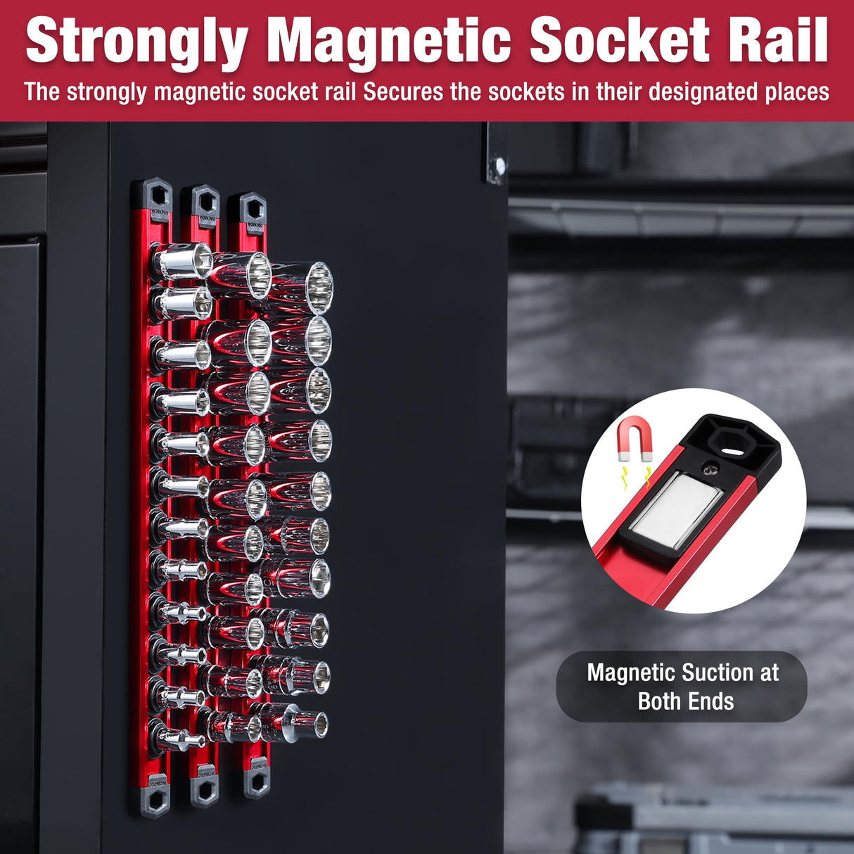 WORKPRO Magnetic Socket Organizer Set, 3-Piece Aluminum Alloy Socket Rail, Heavy Duty Socket Holder, Socket Rack Kit 1/4-Inch x 12 Clips, 3/8-Inch x 10 Clips, 1/2-Inch x 10 Clips (Red)