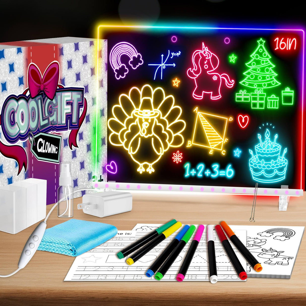 16" Led Drawing Board for Kids with 18 Tracing Pages - 4 Modes & Acrylic Dry Erase Led Note Board with 7 Colors, Light Magic Boards for Writing Art Toys, Christmas & Birthday Gifts for Girls Boys