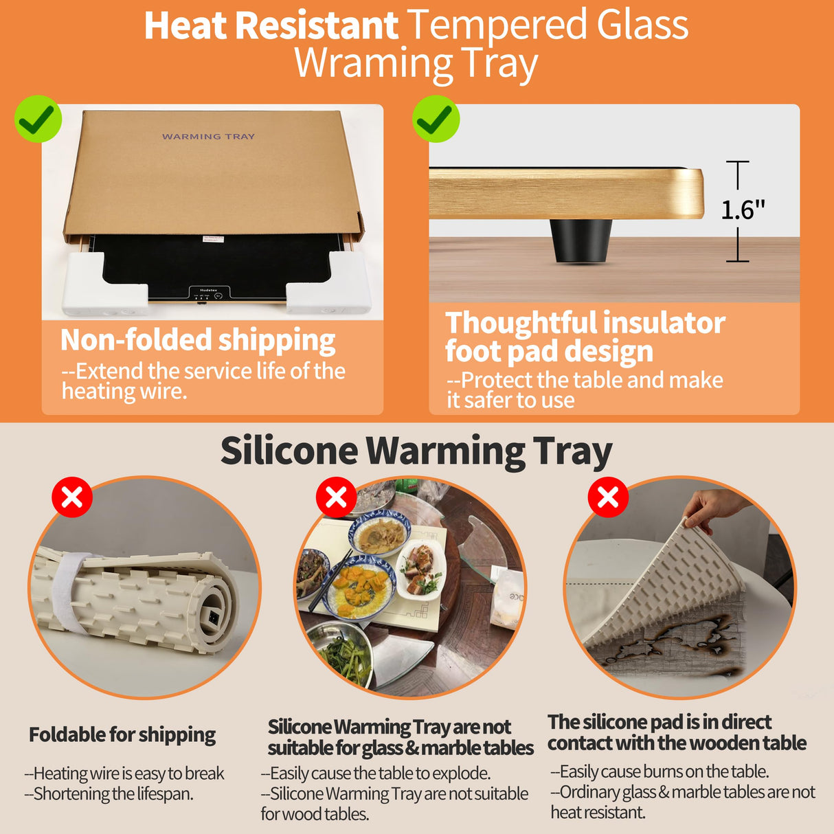 Food Warming Mat (XL 24"x16"), Food Warmers for Parties Buffet and Daily Use, Full Surface Warm Evenly Electric Warming Tray with Button Temperature Control, Gold Handles Warming Mat for Food, Black