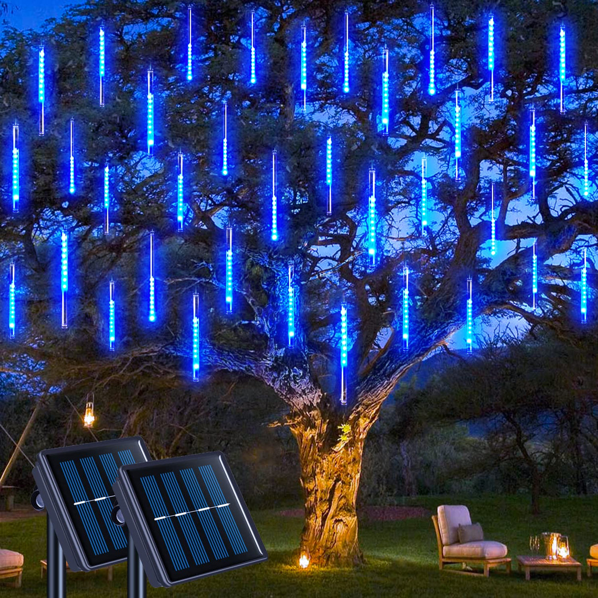 JMEXSUSS 2 Pack Solar Meteor Shower Lights, Blue Meteor Cascading Rain Lights, Waterproof for Tree/Garden Party Christmas Decor - 16 Tubes, 288 LED