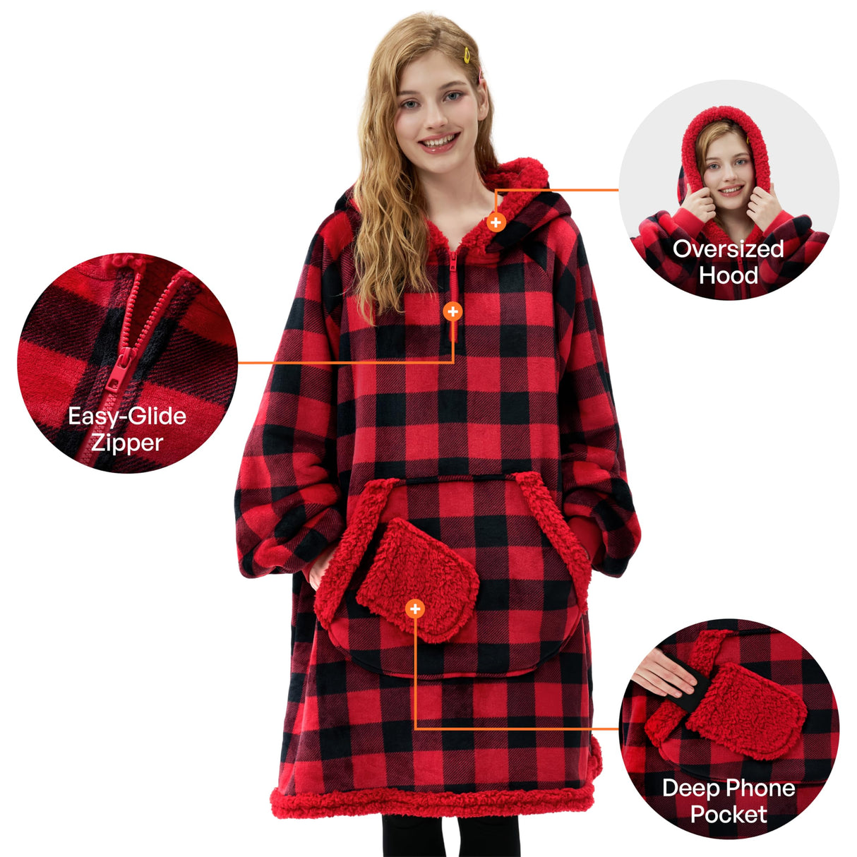 Giggling Getup Wearable Blanket Hoodie for Adults Gifts for Teen Girls Sister Women Sherpa Fleece Printed Hooded Blanket Sweatshirt Warm Cozy with Pocket & Sleeves Red and Black Plaid