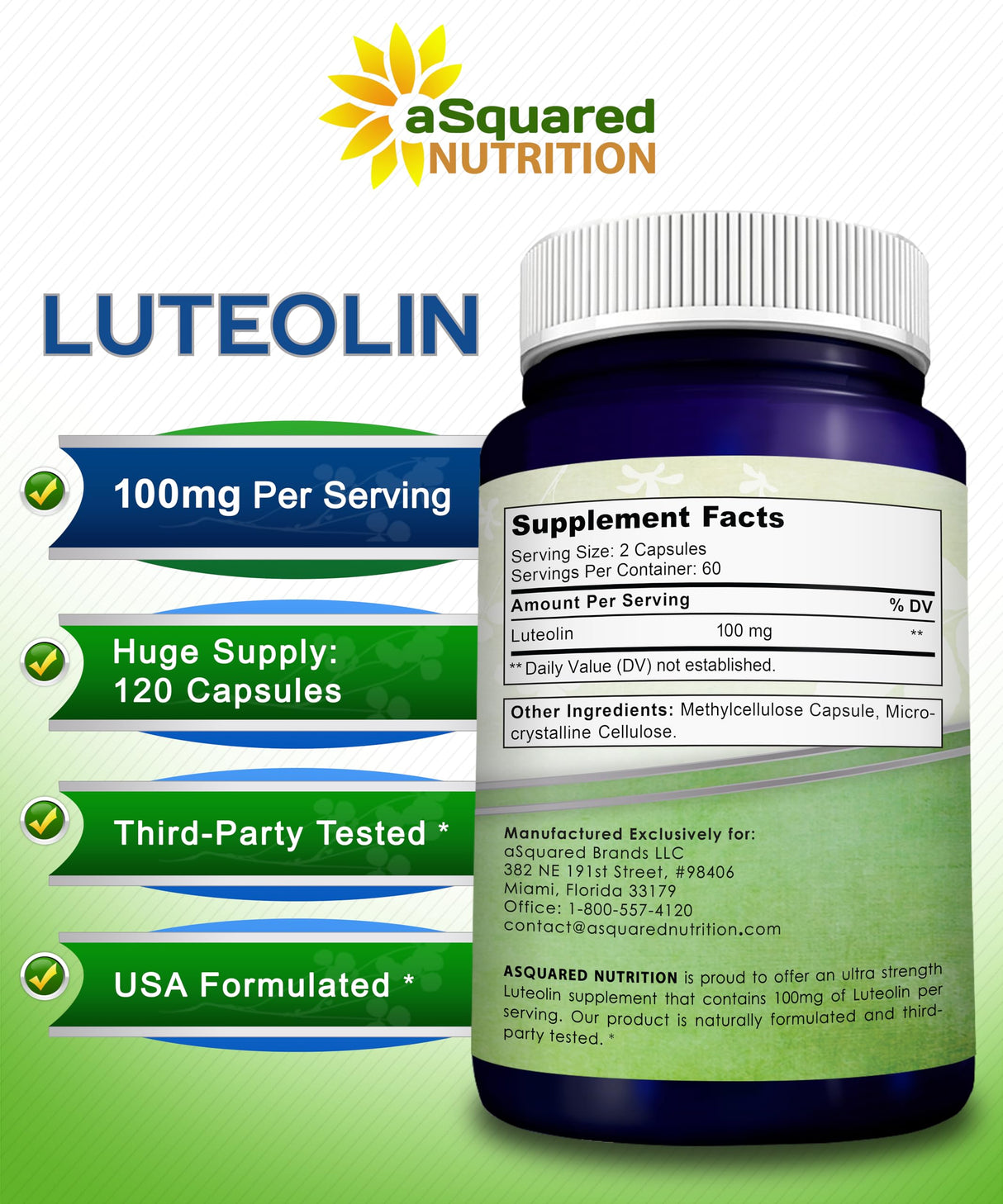 Luteolin 100mg - 120 Capsules - Luteolin Supplement & Powder Complex Pills Commonly Taken with Quercetin - Supports Brain & Memory Health