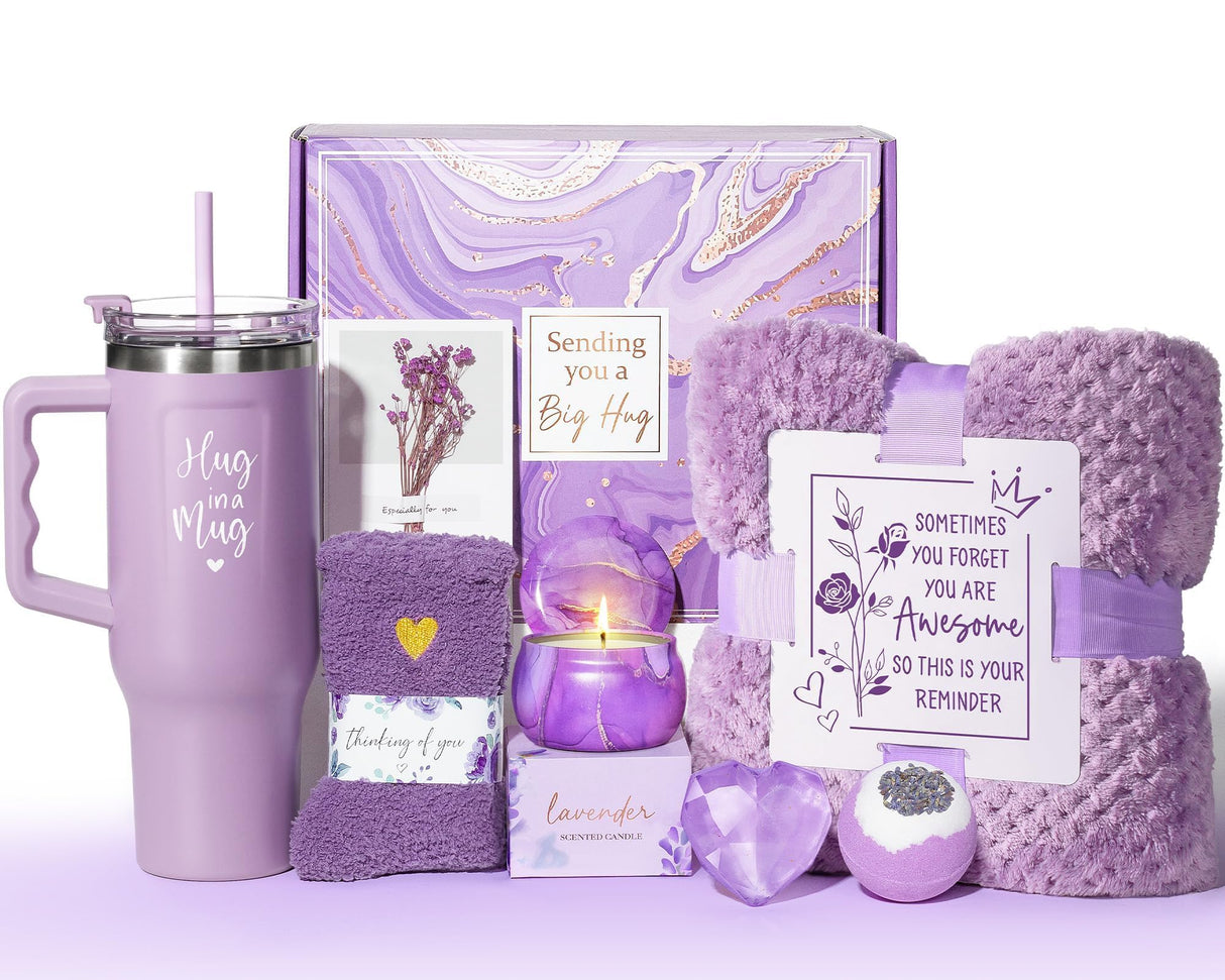 Birthday Gifts for Women Self Care Gifts Get Well Soon Gifts, Lavender Relaxing Spa Gifts Basket Care Package w/ Flannel Blanket 40 OZ Tumbler, Christmas Gifts for Mom Wife Grandma Friends Sisters Her