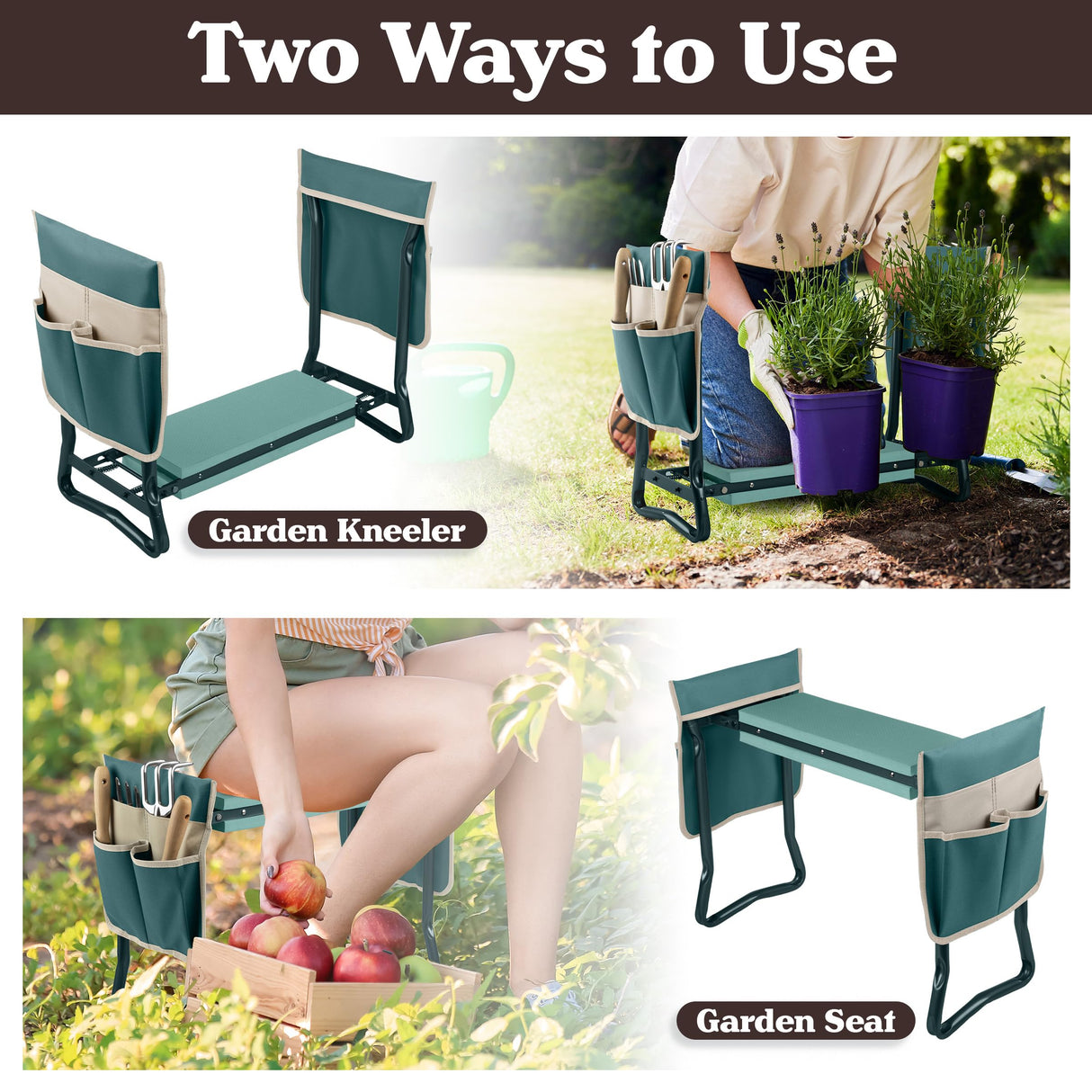 Garden Kneeler and Seat - 2-in-1 Foldable Garden Kneeling Pad and Stool with Removable Pockets for Gardening Tools - Gardening Gifts for Women, Mom, Dad, Seniors or Grandparents by Pure Garden (Green)