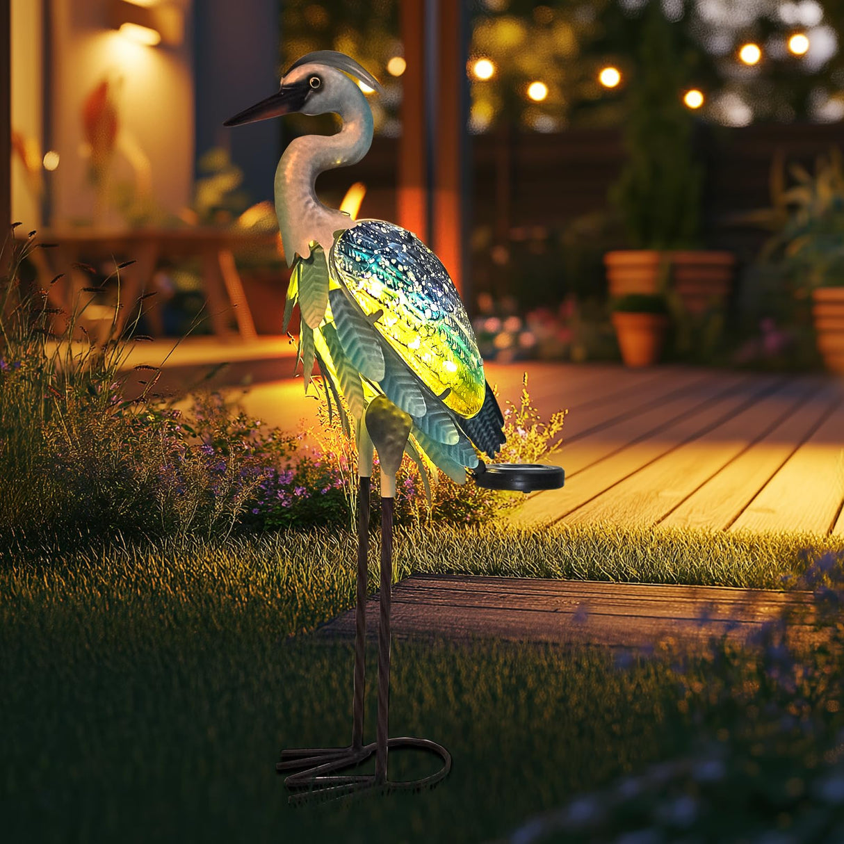 HONGLAND Solar Heron Metal Crane Statue Garden Heron Sculpture, Glass Outdoor Crane Yard Art Coastal Ocean Bird Decor 24 Inch Lawn Ornament for Backyard Porch Patio Decor(Green)