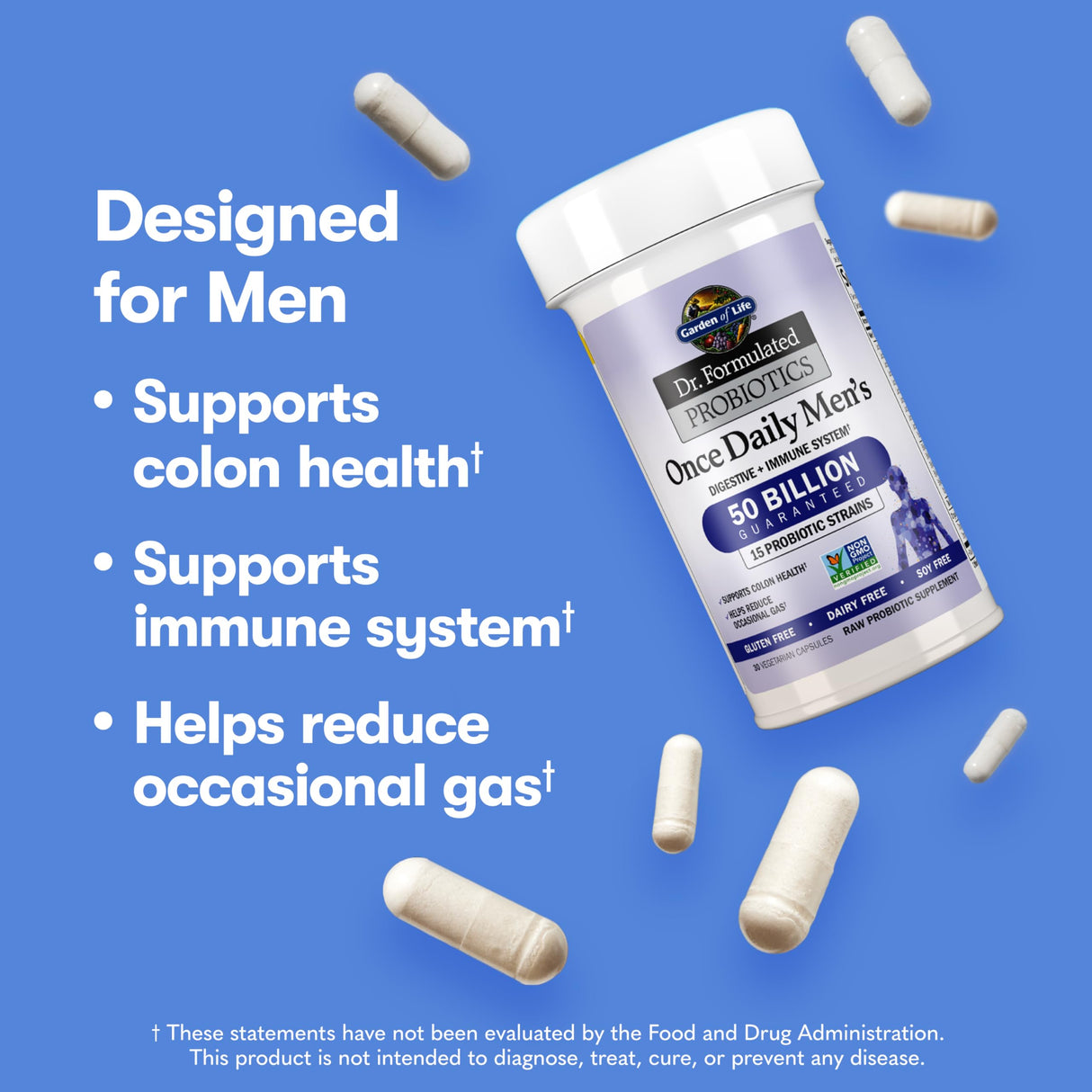 Garden of Life Probiotics for Men Dr Formulated 50 Billion CFU 15 Probiotics for Digestive Health + Organic Prebiotic Fiber for Colon & Immune Support, Daily Gas Relief, Shelf Stable, 30 Capsules