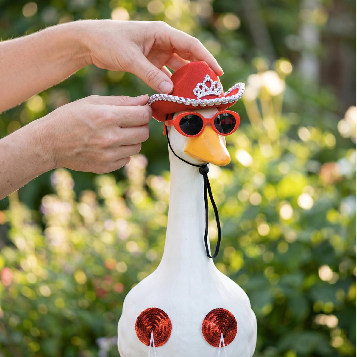 Eywwuu Funny Porch Goose Summer Bikini, Sunglasses & Tassel Skirt - Fits 17'' and 24'' Lawn Geese - Yard Decoration (Round Fringe)