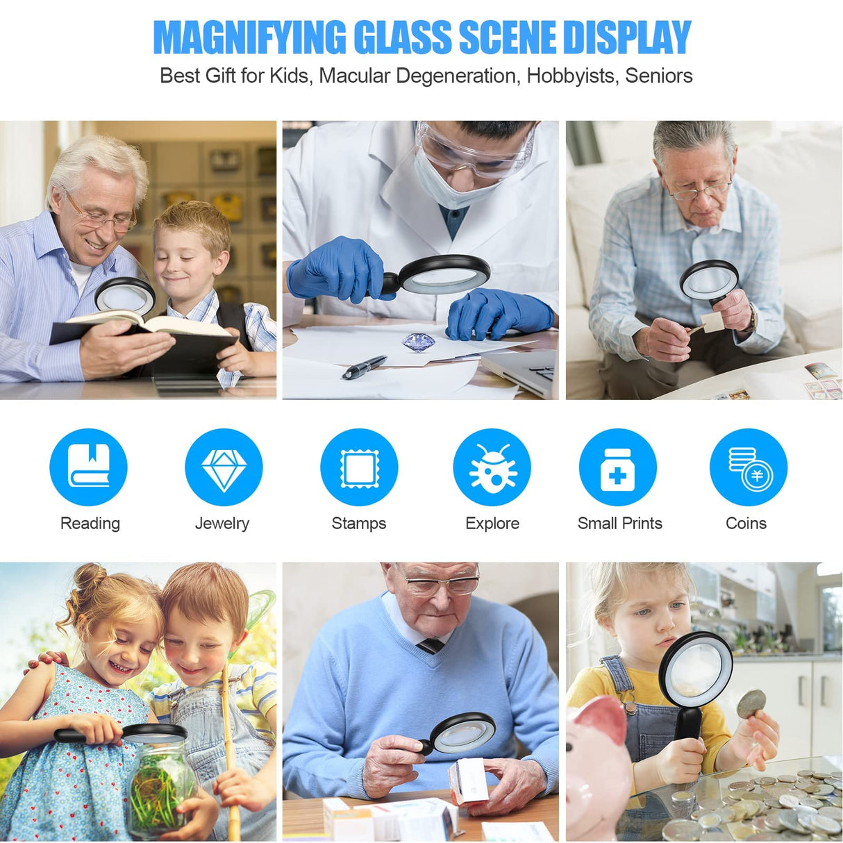 Rechargeable Magnifying Glass with Light, 30X 4.7IN Handheld Large Lightweight Lighted Magnify Len 21 LED 3 Modes Illuminated Book Magnifier forKids,Senior,Reading,Inspection,Coin,JewelryChristmasGift