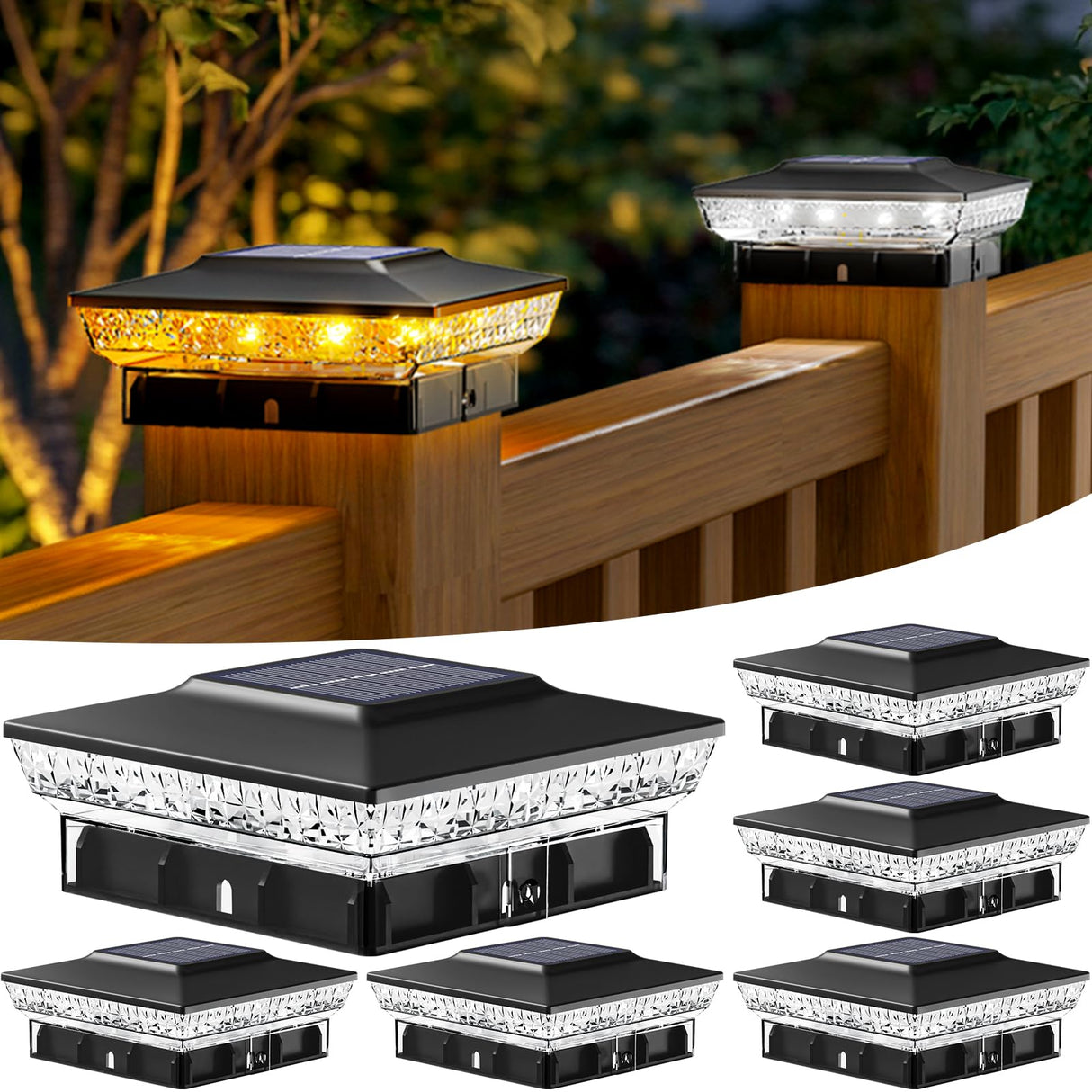 btfarm 4x4 Solar Post Cap Lights Outdoor, 2 Modes 16 LED Deck Fence Post Lights, 6 Pack Waterproof Solar Powered Lighting Outside Fit 4x4 3.5x3.5 Wooden/Vinyl for Porch Patio Garden, Black