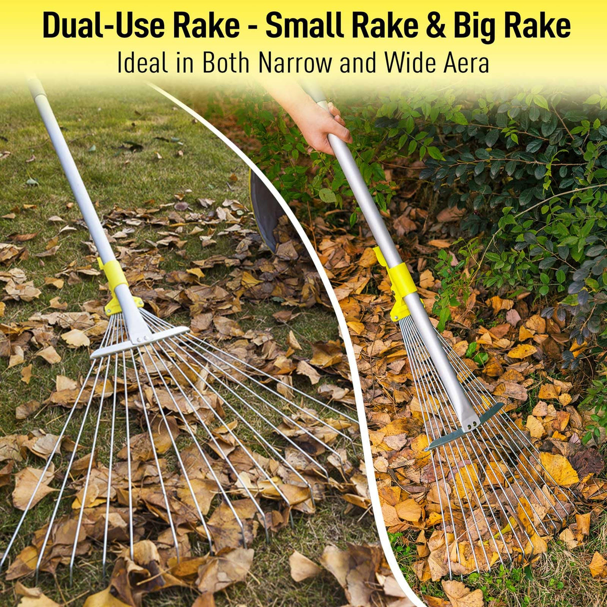 JARDINEER Adjustable Rakes for Leaves, Large Garden Leaf Rake for Lawns Grass with 7-23" Expandable Head, Yard Collapsible Rake for Camping (64 inches)