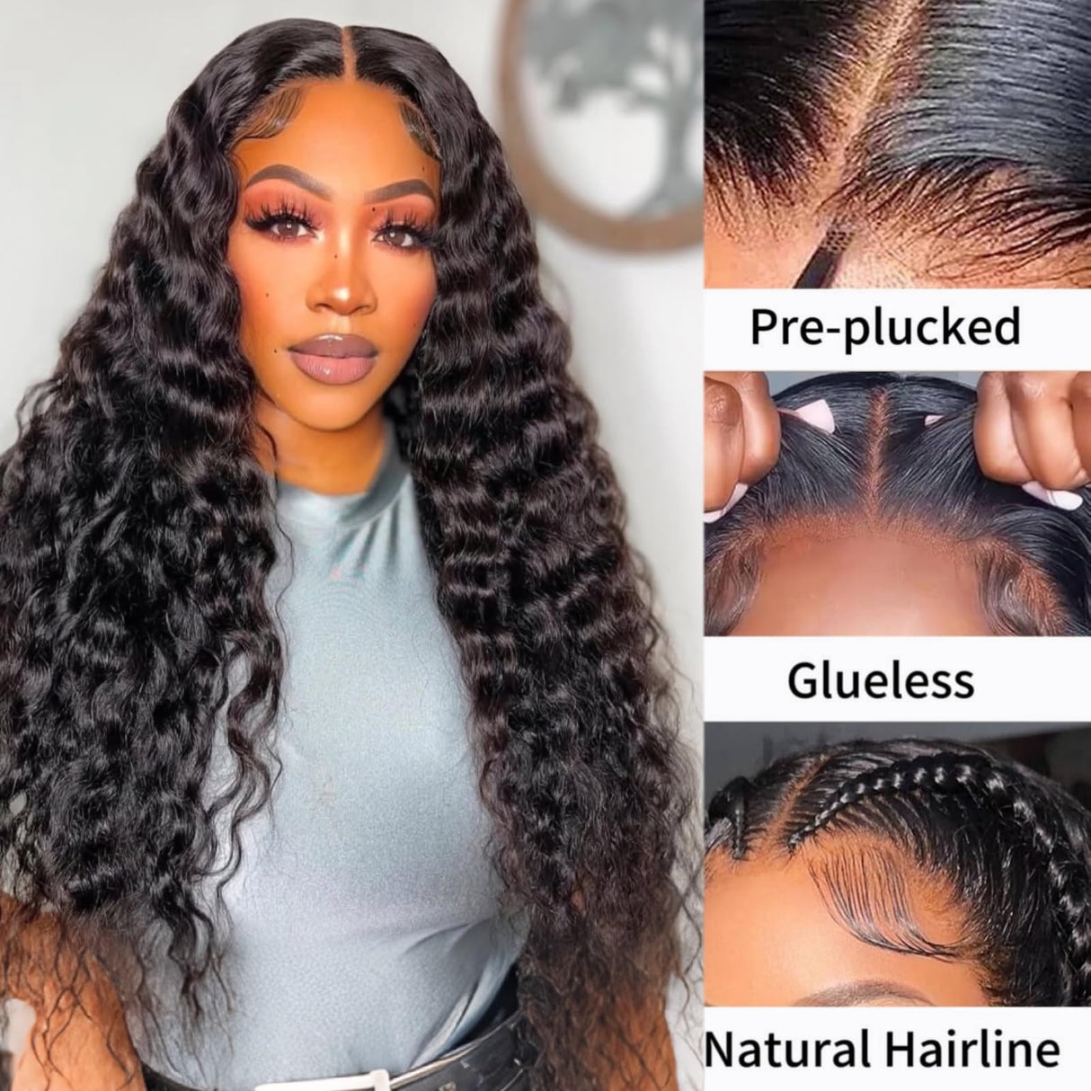 Ksfull Deep Wave Lace Front Human Hair Wigs for Black Women 5x5 Hd Lace Closure Wig Curly Human Hair Pre Cut Wear and Go Glueless Wet and Wavy Wigs Pre Plucked 180% Density Natural Color 22 inch
