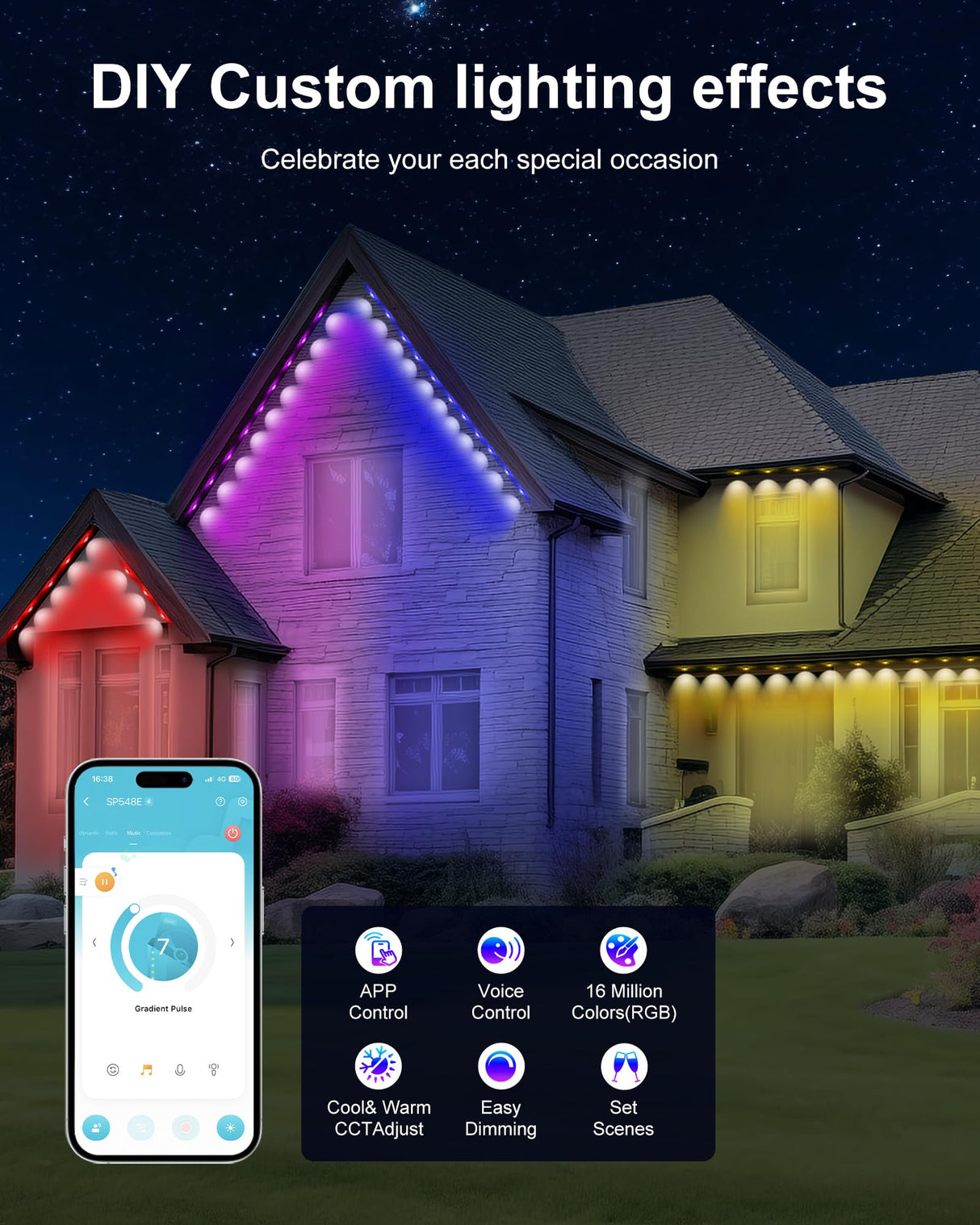 Nexillumi Permanent Outdoor Lights for House, 100ft Smart RGB Outside Lights with 72 Scene Modes, IP68 Waterproof Eaves Lighting for Christmas All Holiday Decorations