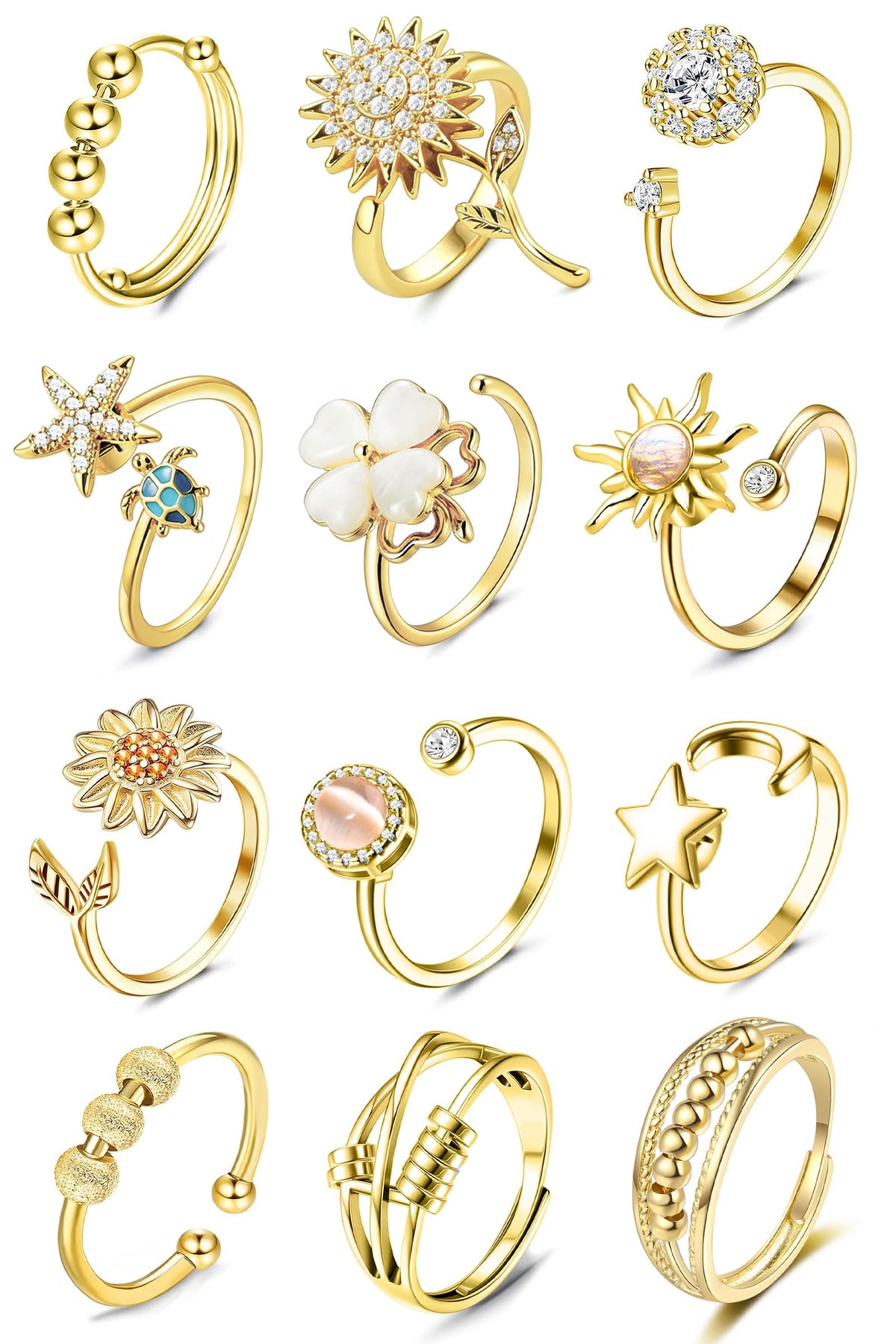 Tiwindx 12 Pcs Fidget Rings for Women Gold Adjustable Cubic Zirconia Sunflower Moon Star Bead Rotatable Relieving Stress Ring Open Spinner Anxiety Rings Set