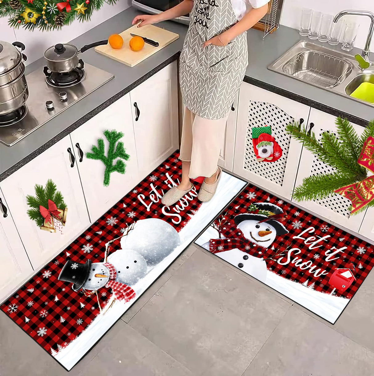 JWXCBIM Let It Snow Christmas Snowman Kitchen Rugs and Mats Set of 2, Buffalo Plaid Winter Snowflake Xmas Holiday Home Kitchen Decor Floor Mats, Washable Non-Slip Sink Carpet 17x30+17x47 Inches