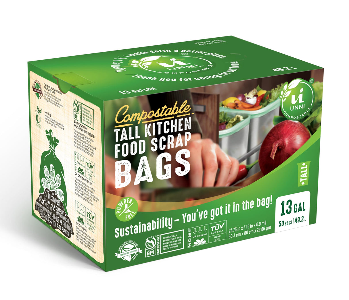 UNNI Compostable Liner Bags, 13 Gallon, 49.2 Liter, 100 Count, Heavy Duty 0.9 Mil, Tall Kitchen Food Scrap Waste Bags, ASTM D6400, US BPI, CMA and Europe OK compost HOME Certified, San Francisco