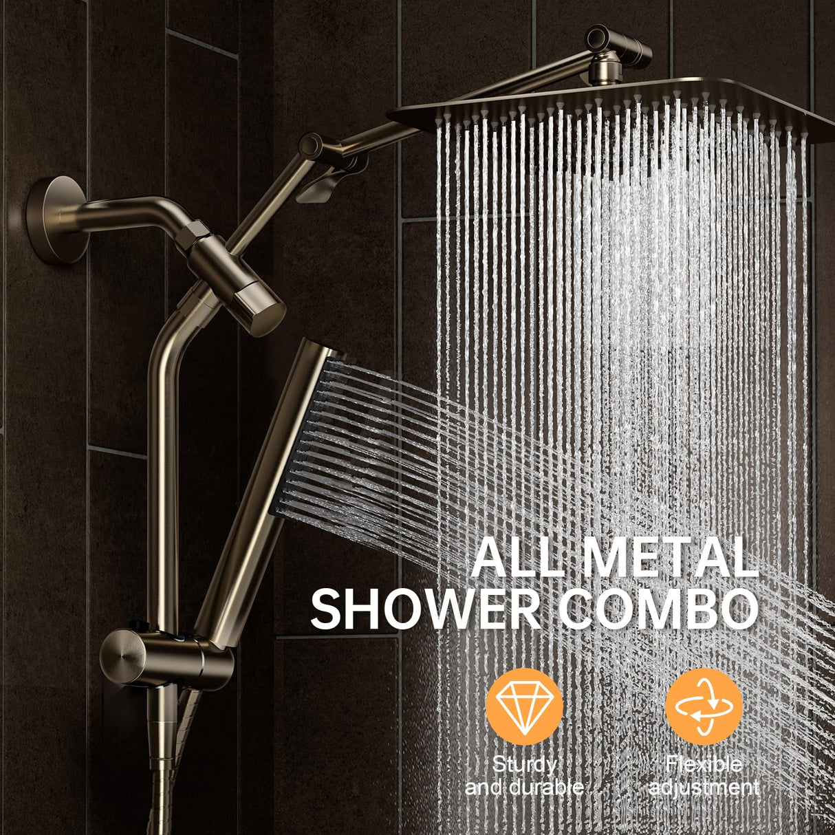 Veken All Metal 10" Brushed Nickel Shower Head with Handheld, Luxurious Square High Pressure Double Rain Shower Heads with Power-wash Hand Held, Dual Detachable Rainfall Showerhead,Bathroom Upgrade