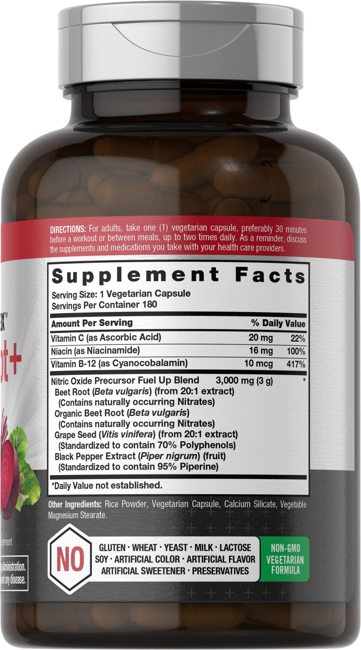 Horbäach Nitric Oxide Beet Root Capsules | 180 Count | with Nitrates and Precursor | for Men and Women | Vegetarian, Non-GMO, Gluten Free Supplement
