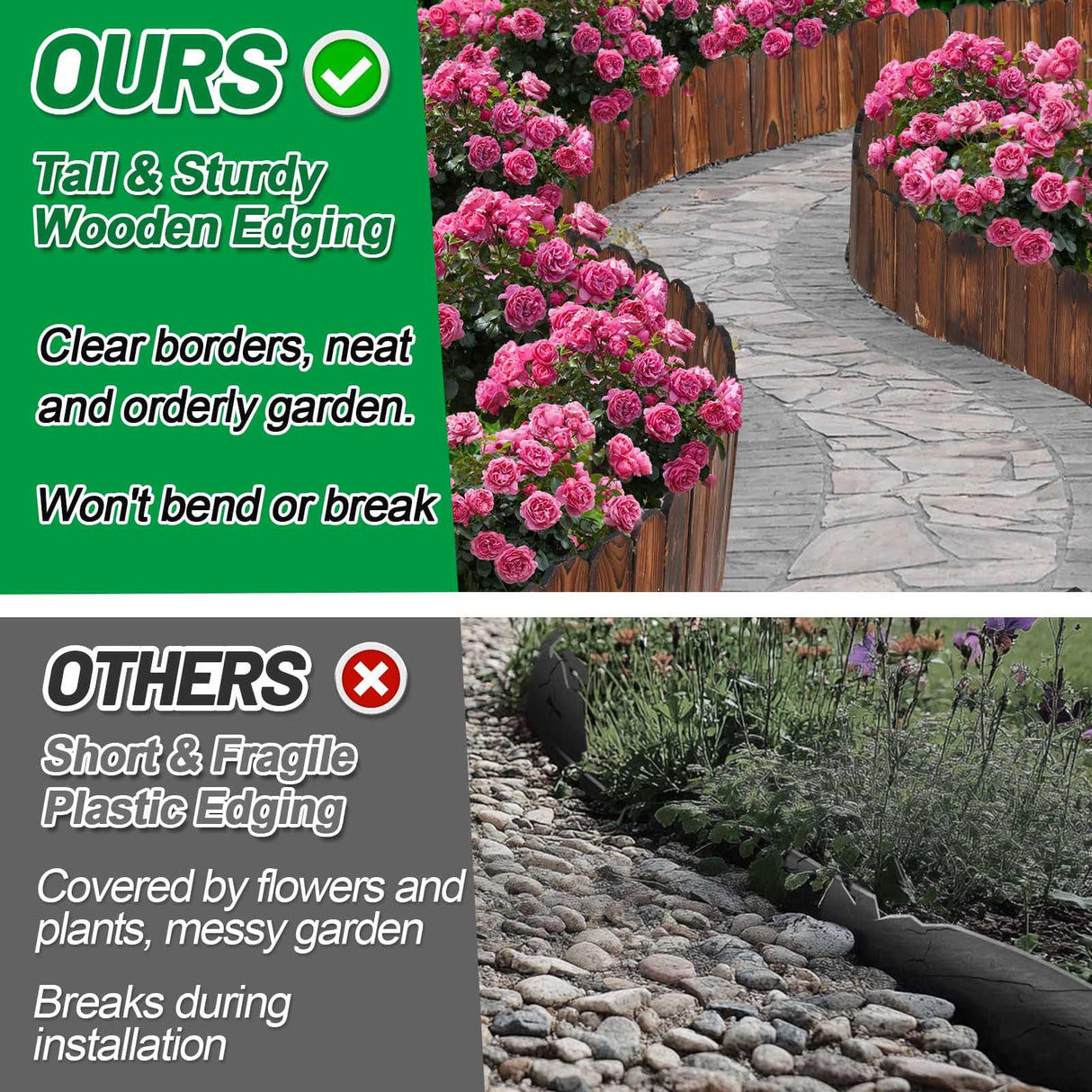 Wooden Garden Edging - 7.9ft x 8in Weather-Resistant Pine Landscape Border Fence for Outdoor Patio Lawns Yard Flower Beds Decoration