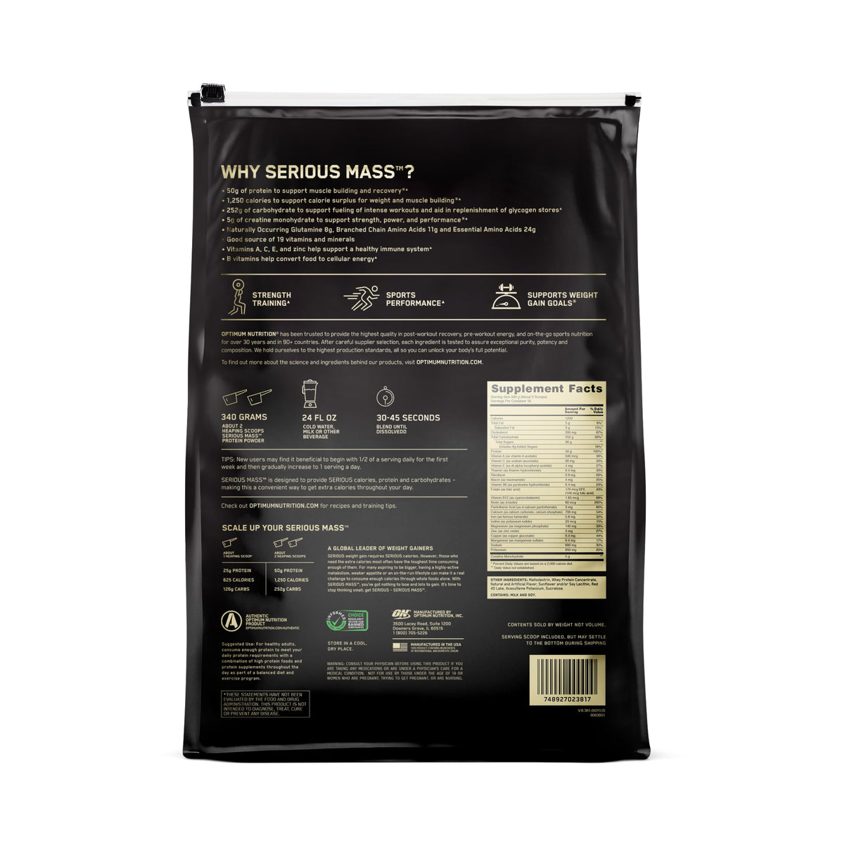 Optimum Nutrition Serious Mass, Weight Gainer Protein Powder, Mass Gainer, Vitamin C and Zinc for Immune Support, Creatine, Strawberry, 6 Pound (Packaging May Vary)