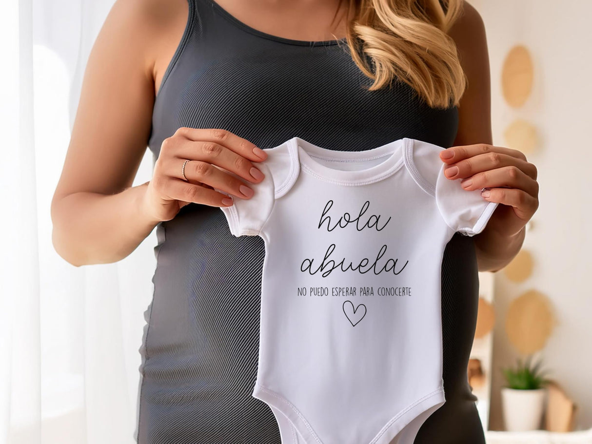 Hola Abuela Spanish Pregnancy Announcement Infant Bodysuit for Grandma - Abuelito Gift for New Baby Reveal! (White)