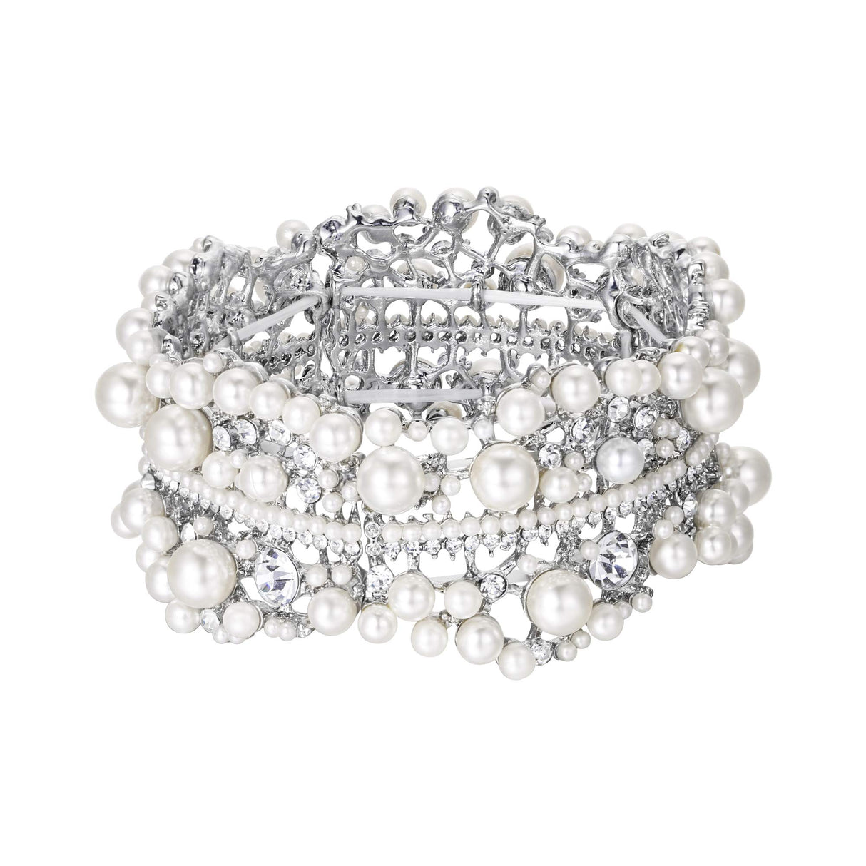 EVER FAITH Crystal Pearl Flower Bridal Stretch Bracelet for Women Bride
