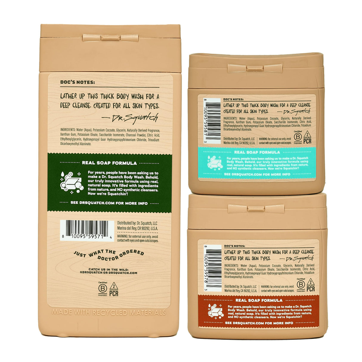 Dr. Squatch NEW Body Wash for Men with Nourishing, Natural Ingredients | No Paraben, Phthalate, Sulfate | Pine Tar (14 oz), Coconut Castaway & Wood Barrel Bourbon (8 oz, 2-Pack) & Body Scrubber