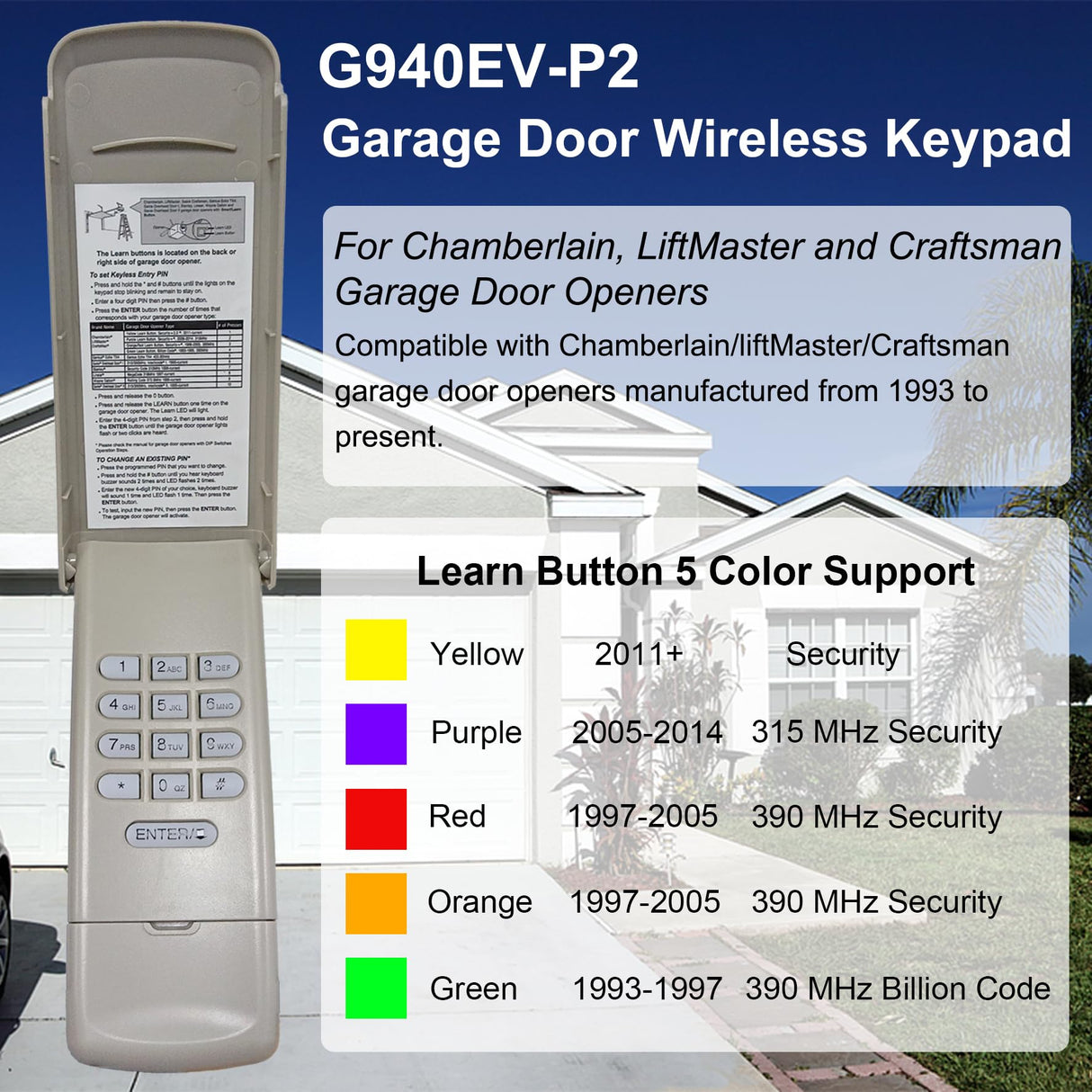 Universal Garage Door Opener Keypad for Liftmaster Chamberlain Craftsman Wayne Dalton Openers Produced Since 1993, Wireless Keypad Keyless Entry, Replaces 877/878MAX 377/977/877/66LM, Safe Security