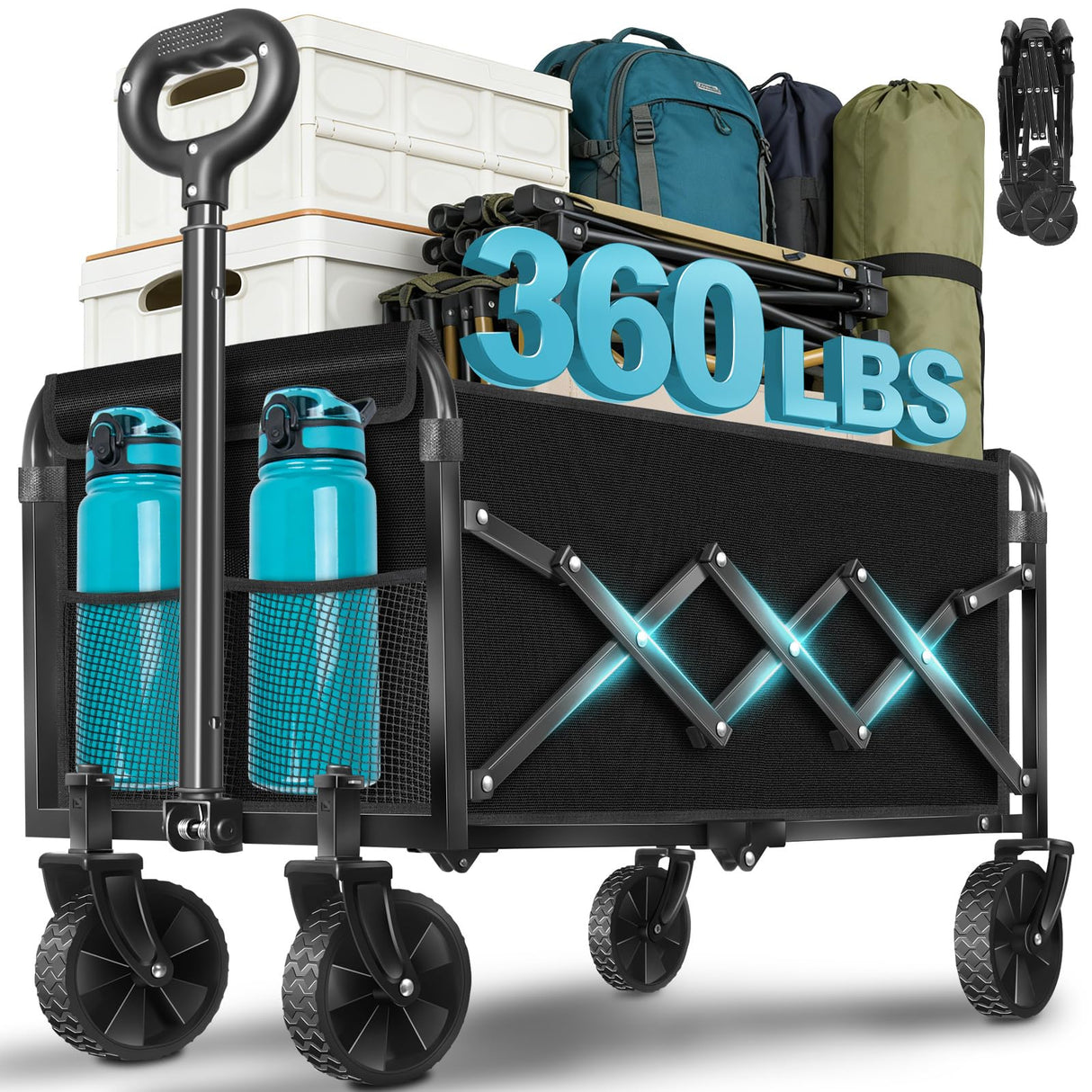 Collapsible Wagon Cart with All-Terrain Wheels - Folding Utility 360LBS Heavy Duty Wagons Carts for Grocery Sports Garden Shopping Camping Fishing (Black, 120L)