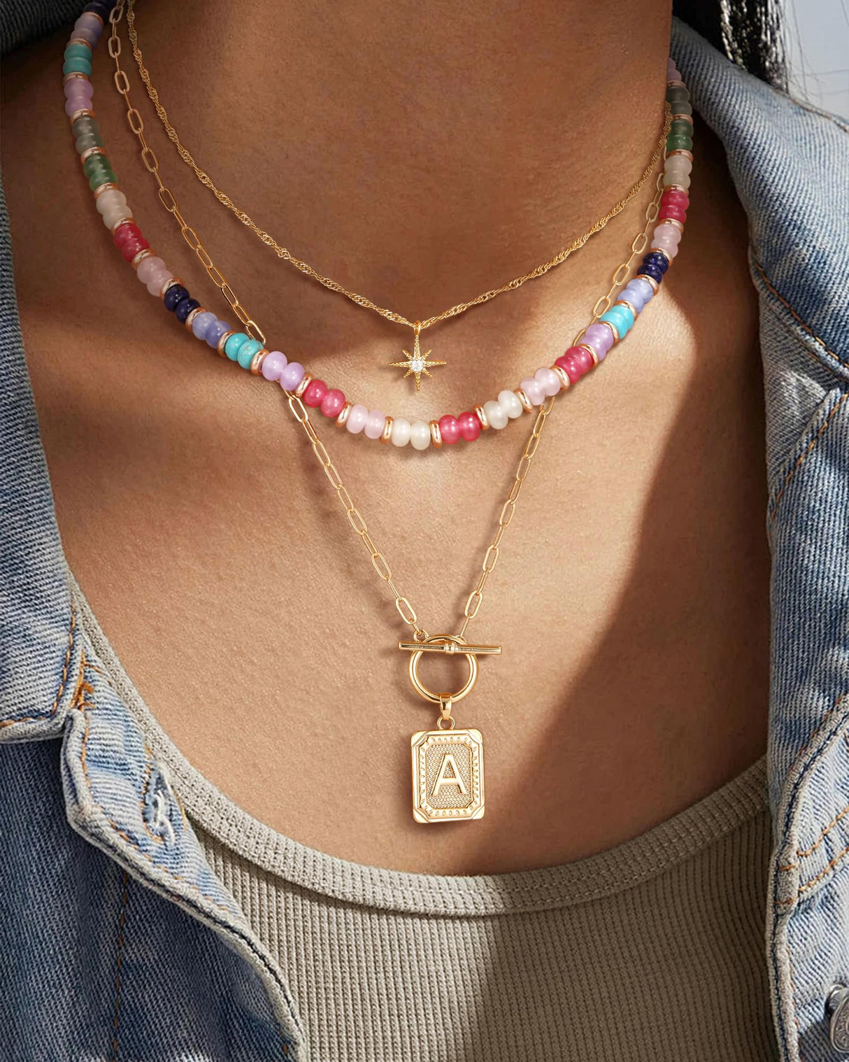 MJartoria Layered Initial Necklaces for Women Trendy, 14K Gold Plated Simple Star Choker Square Letter Pendant Necklace, Colorful Beaded Necklace, Gold Necklaces Jewelry Gifts (K, Gold Plated)