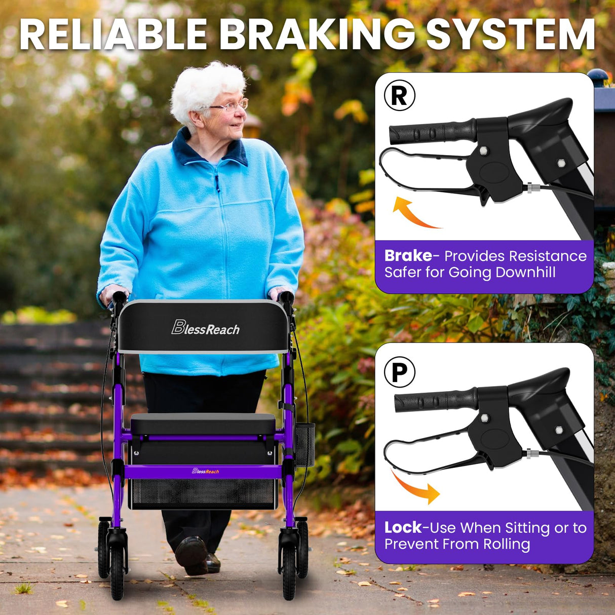 BlessReach Foldable Rollator Walkers with Seat for Seniors, 450 lb Capacity, 8'' Wheels, 18" Big Seat, 6-Position Adjustable Height, Heavy-Duty Aluminum Rolling Walker (Purple)