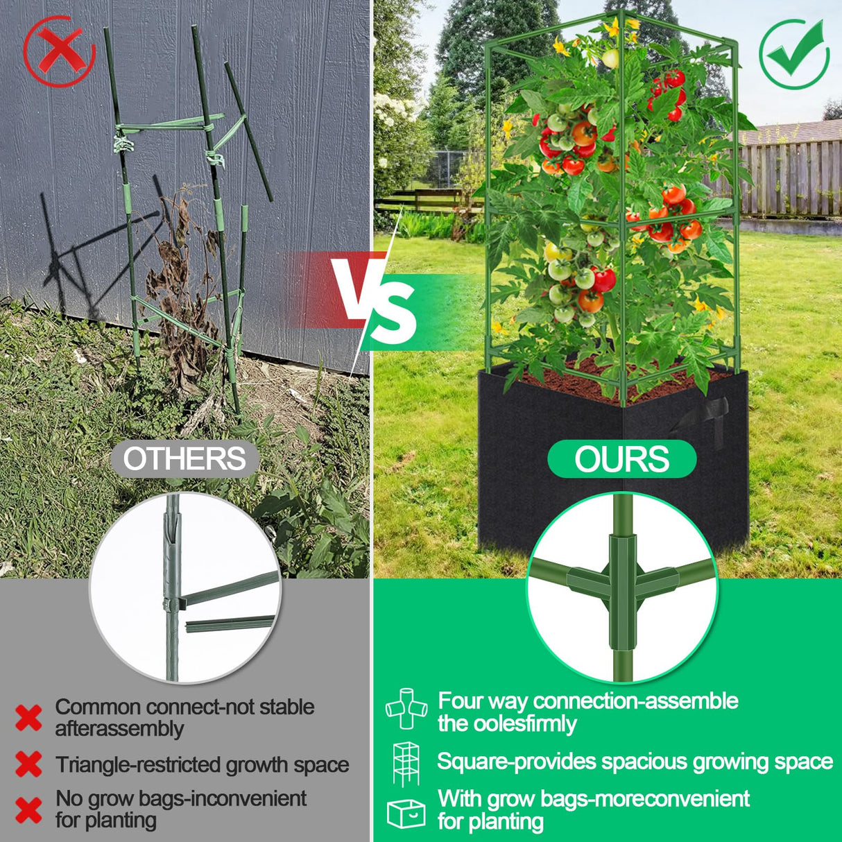 WLLEYAY 3 Pack 46'' Square Tomato Cages with 17 Gallon Grow Bags
