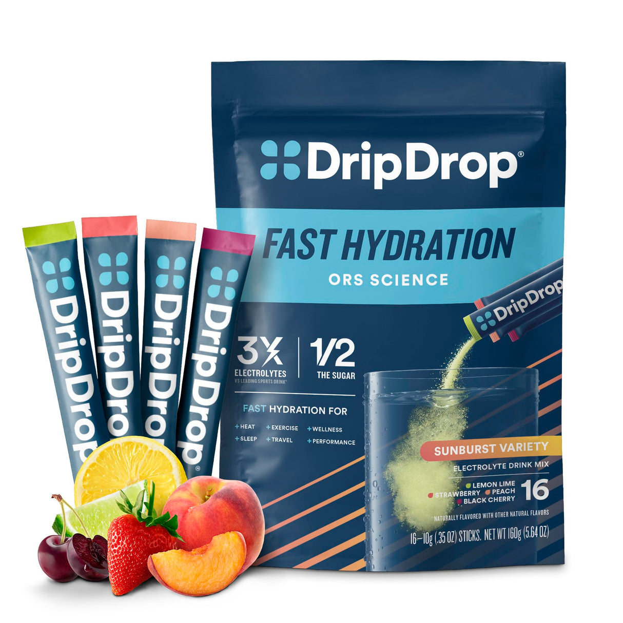 DripDrop Hydration Packets - Sunburst Variety Pack - Single Serve Electrolytes Powder Drink Mix - Lemon Lime, Strawberry, Peach, Black Cherry - Non-GMO, Gluten Free, Vegan - 16 Sticks
