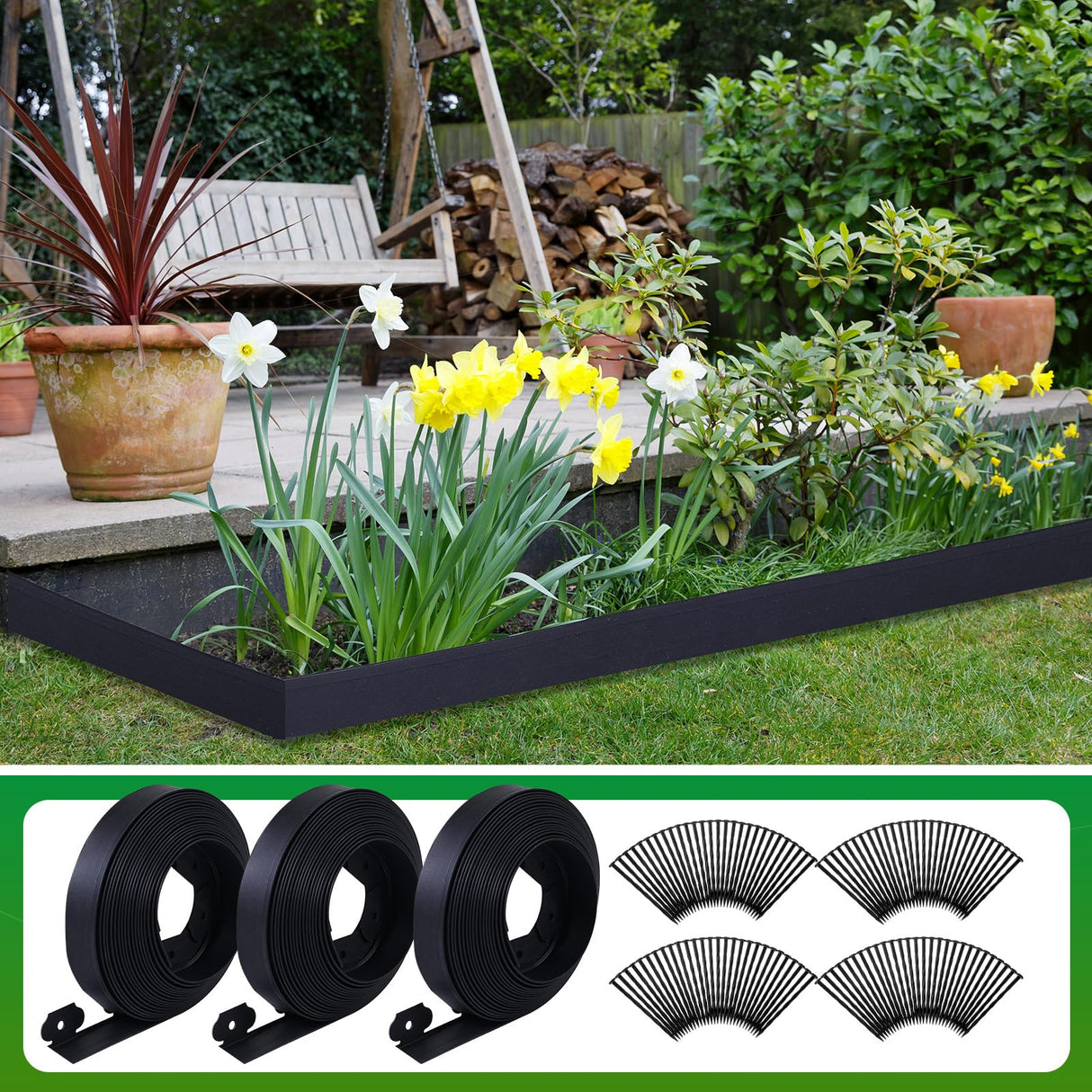 Sintuff 246 ft Garden Landscape Edging 2 Inch Tall Lawn Edging Border with 216 Anchoring Spikes Flexible Straight Top Garden Border Lawn Roll Kit(Black)