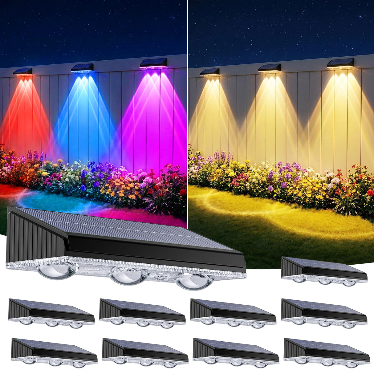 BONLION Solar Fence Lights Outdoor 10 Pack, Upgraded Brightness 3X LED Lens Fence Lights Solar Powered, 9 Fixed Colors & RGB Lights,IP65 Waterproof Solar Lights for Outside Backyard/Railing/Step/Patio