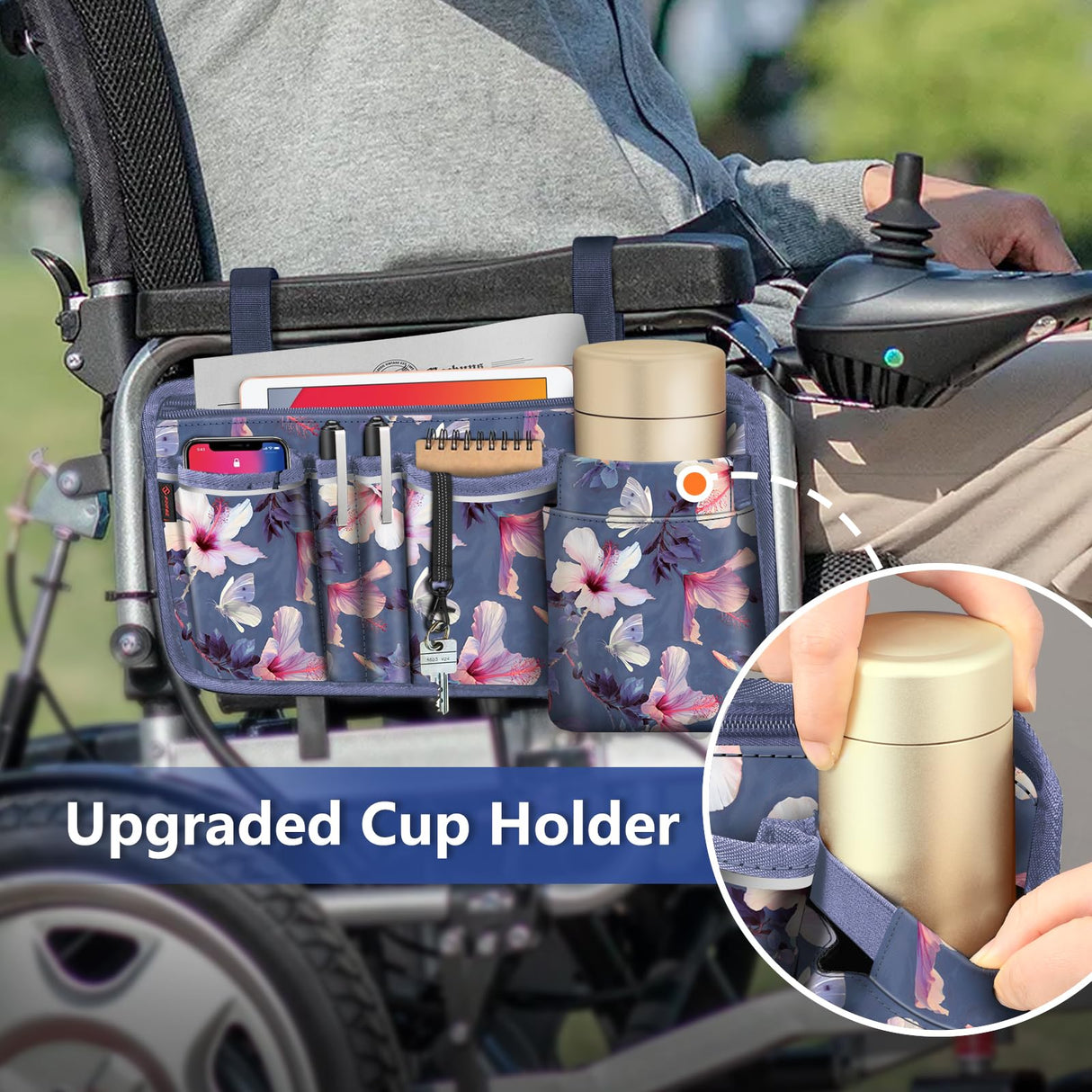 FINPAC Wheelchair Side Storage Bag w/Cup Holder, Wheelchair Armrest Accessories Pouch with Pen Slot and Reflective Strips for Power Walkers, Rollators, Seniors - Blooming Hibiscus