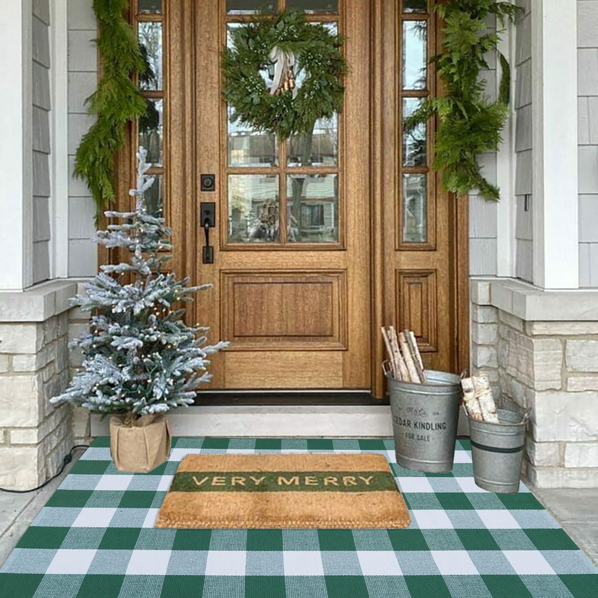 Christmas Outdoor Mat Buffalo Plaid Christmas Decor Rug Cotton Hand-Woven Layered Door Mats Washable Carpet for Front Porch, Kitchen, Farmhouse, Entryway