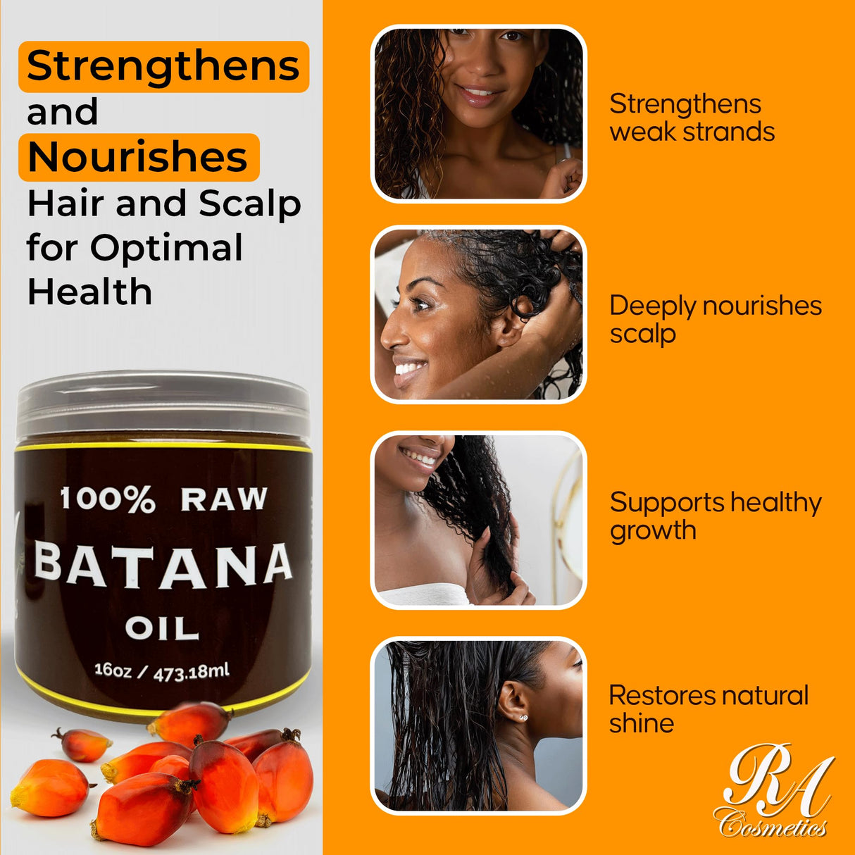 2 Pack RA Cosmetics 100% Natural Unrefined Batana Hair Oil for Healthy Hair, 16 oz | Nourishing Hair Moisturizer for Damaged Hair Repair| Strengthening and Nourishing Hair Conditioner - Sourced from Honduras