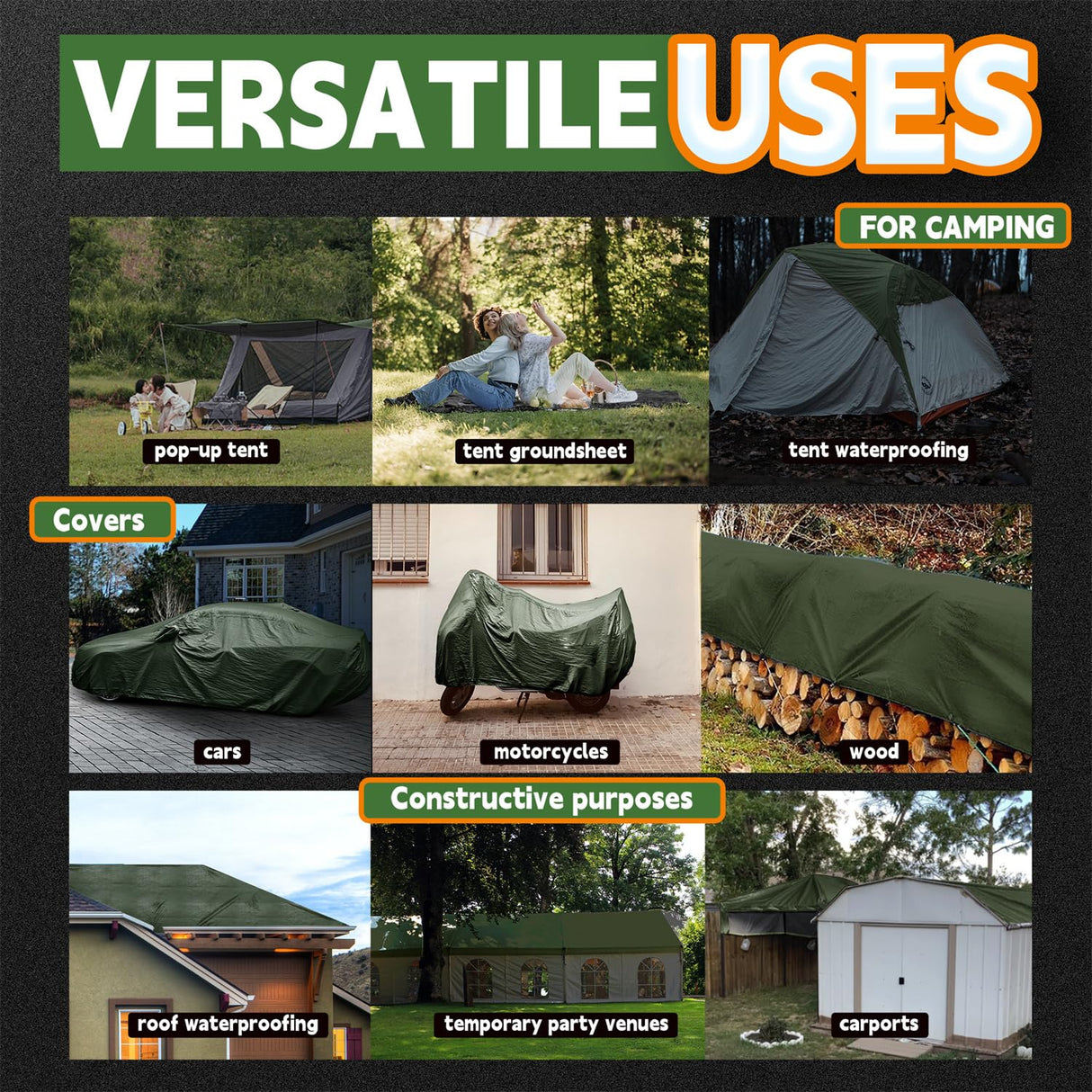 RAINDEWAY Tarps 30x50 Feet,Large Tarp Waterproof,9Mil Thick Finished Size, Multipurpose Poly Tarp Cover with Metal Grommets and Reinforced Edges,Green/Black Tarpaulin