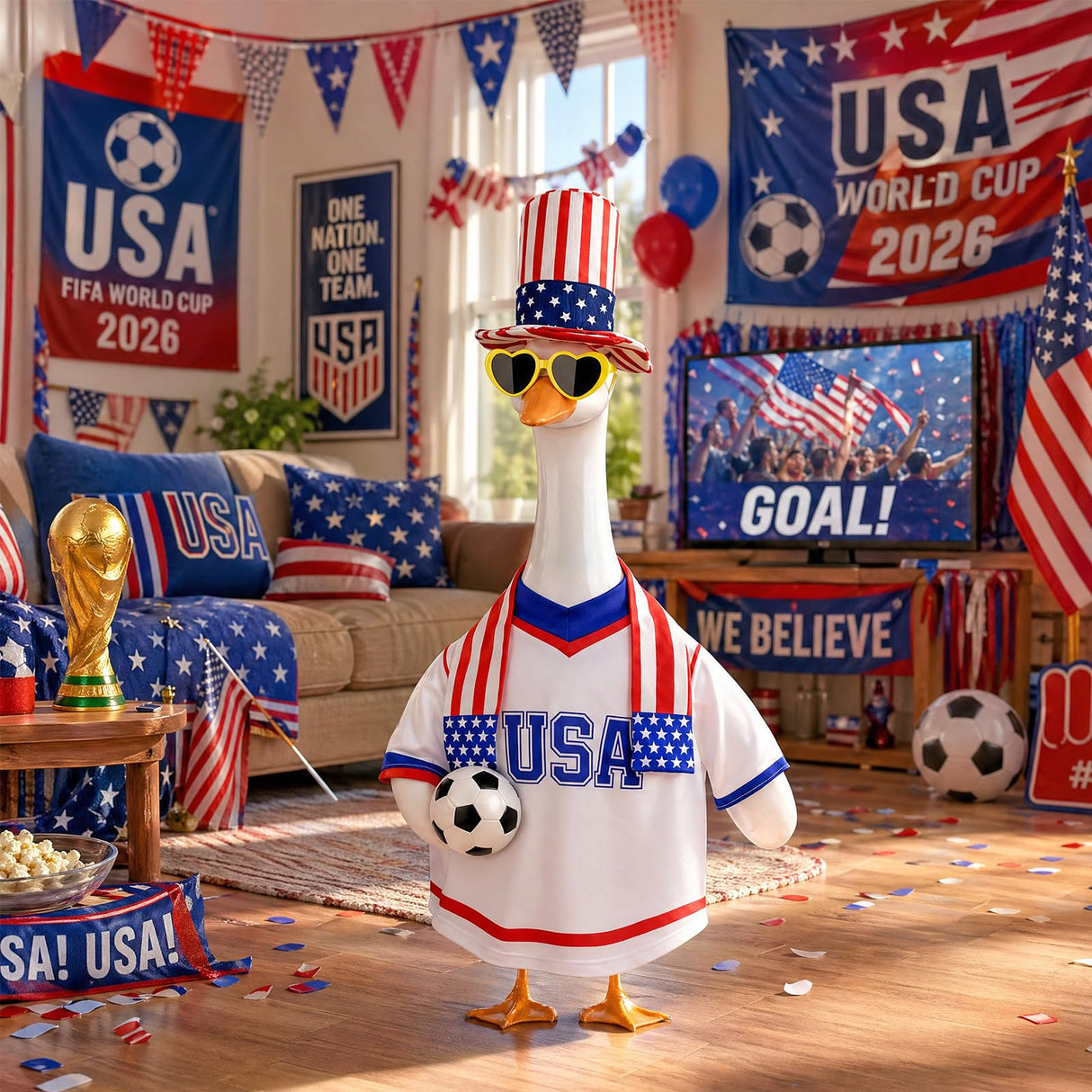 PaLuQiYa 2026 World Cup Porch Goose Outfit, 23" High Lawn Goose Statue Soccer Fan Costume Clothing, FIFA World Cup 2026 Porch Garden Geese Clothes with Hat for Outdoor Patio Yard