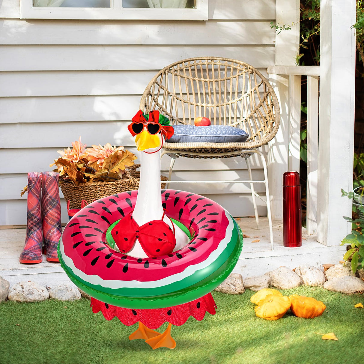 GANSHAYA Hawaiian Porch Goose Outfits Summer Bikini Goose Outfit Fits 23" Goose Statue with Hat Sunglasses & Swimming Ring for Cement Yard Decor(Watermelon)
