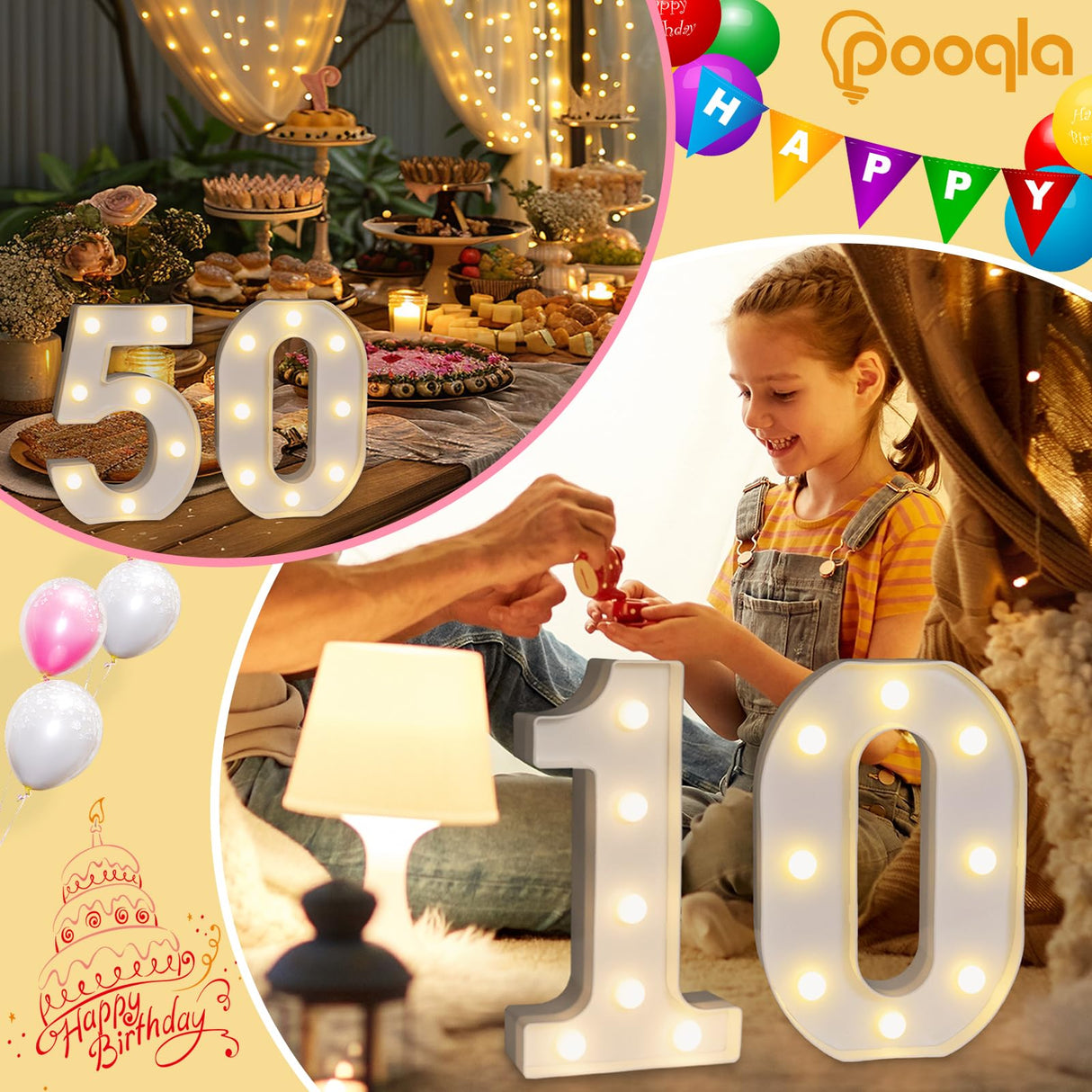 Pooqla Decorative LED Light Up Number Letters, White Plastic Marquee Number Lights Sign for 80th Birthday Party Wedding Decor, Battery Operated (80)