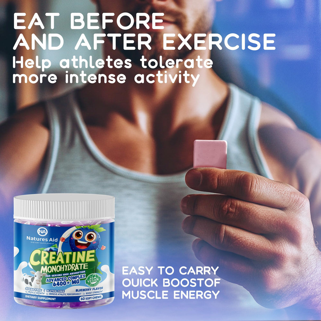 Creatine Monohydrate Chews Complex for Men & Women -Advanced Formula W/L-Taurine + Vitamin B12, Sugar Free Chewable Supplement,60 Blueberry Softchews