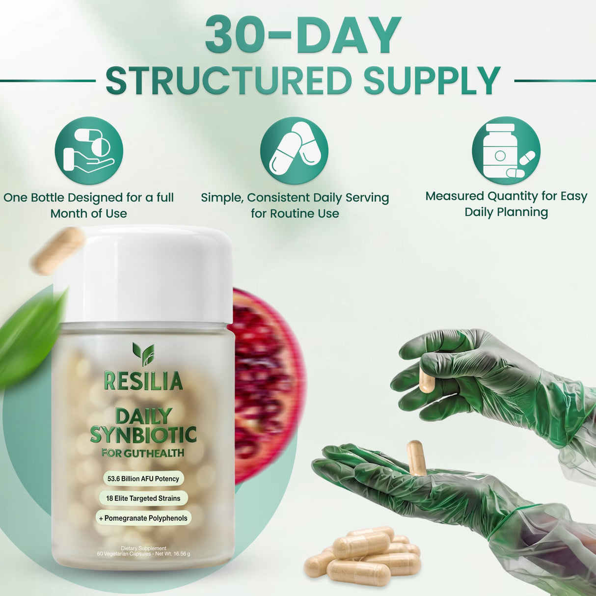 Resilia Synbiotic Probiotic + Prebiotic Supplement for Women & Men – 53.6 Billion AFU, 19 Strains, Shelf-Stable Capsules with Polyphenols, Digestive & Gut Balance Support, 60 Capsules