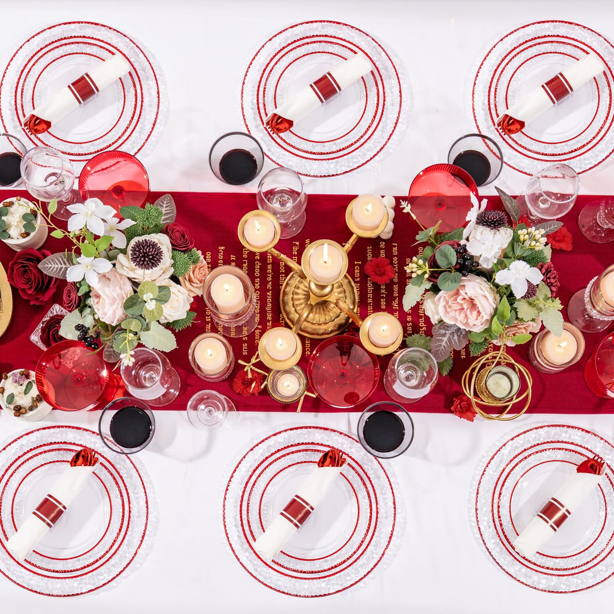 Ciaell 350 PCS Clear and Red Plastic Plates – Red Dinnerware Set for 50 Guests Include 100 Plastic Plates, 50 Pre Rolled Napkins with Cutlery Set, 50 Cups for Wedding & Party & Anniversary & Christmas