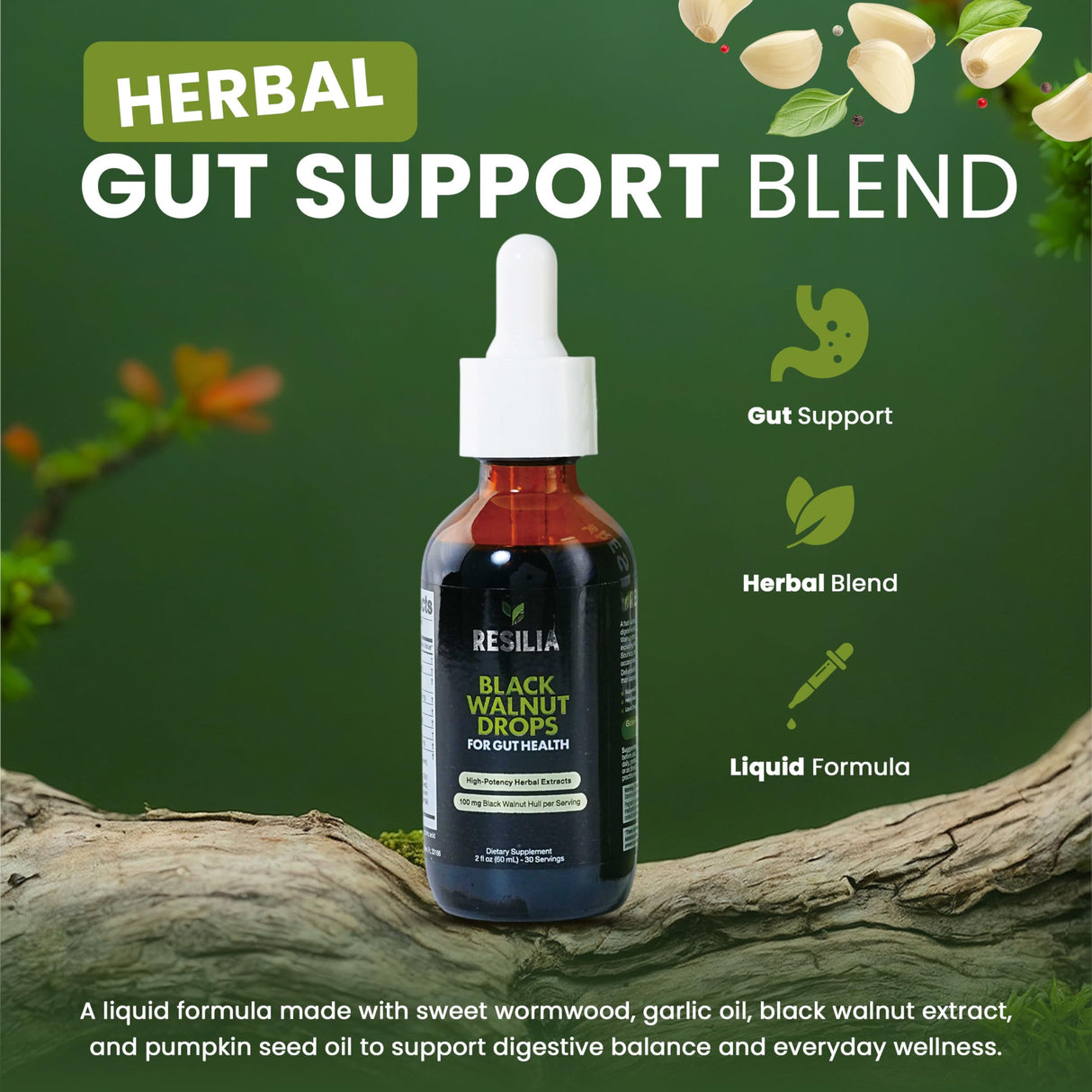 Resilia Herbal Cleanse Liquid Drops – Black Walnut & Wormwood Extract with Pumpkin Seed, Garlic & Turmeric – Alcohol-Free Vegan Tincture for Digestive & Daily Wellness Support, 2 fl oz