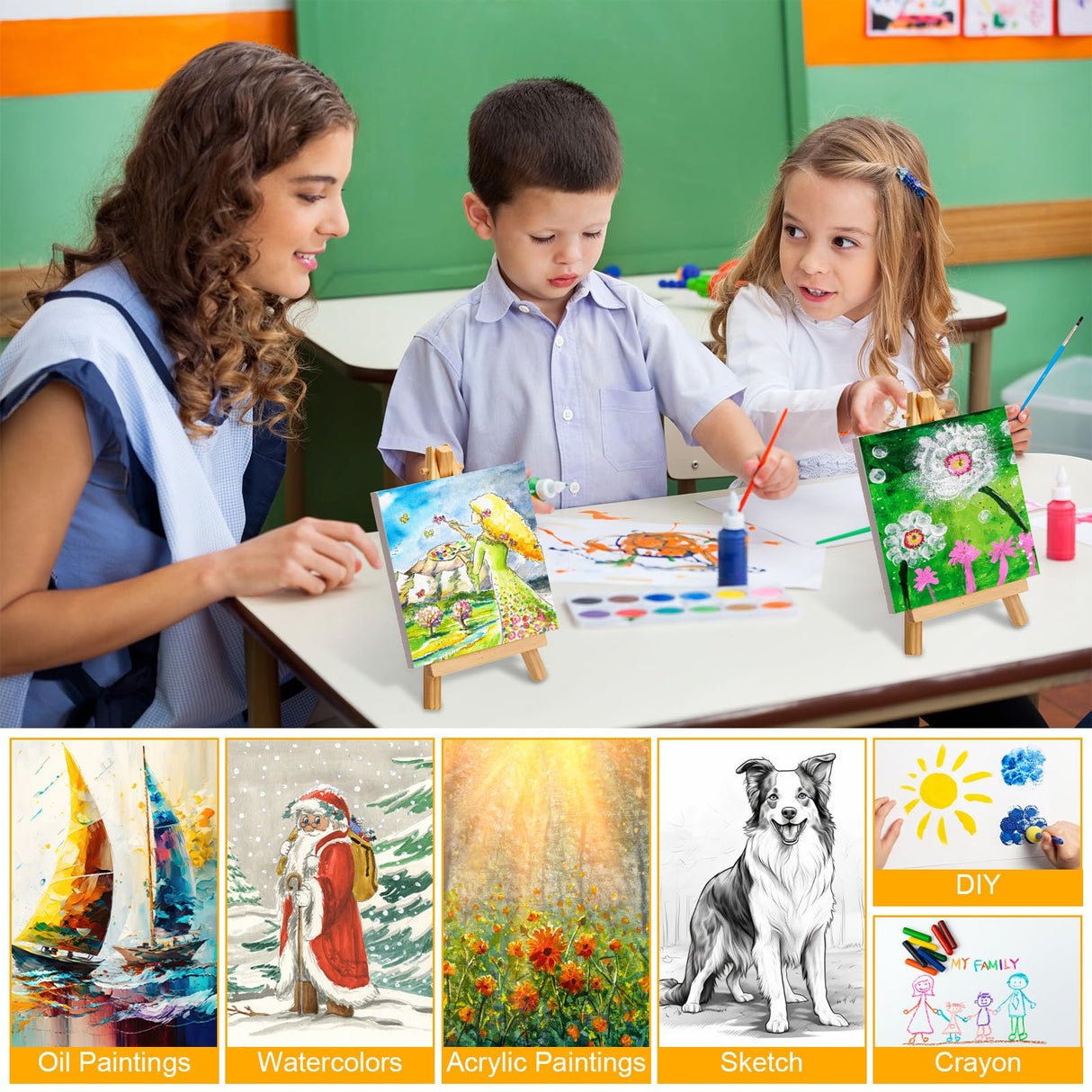 Mimorou 32 Pack 3 x 3 Inch Mini Canvases with Easel Sets for Painting Small Art Stretched Canvases Panels Pack with Wood Display Easel for Kids Birthday Parties Operation Christmas Gifts Items