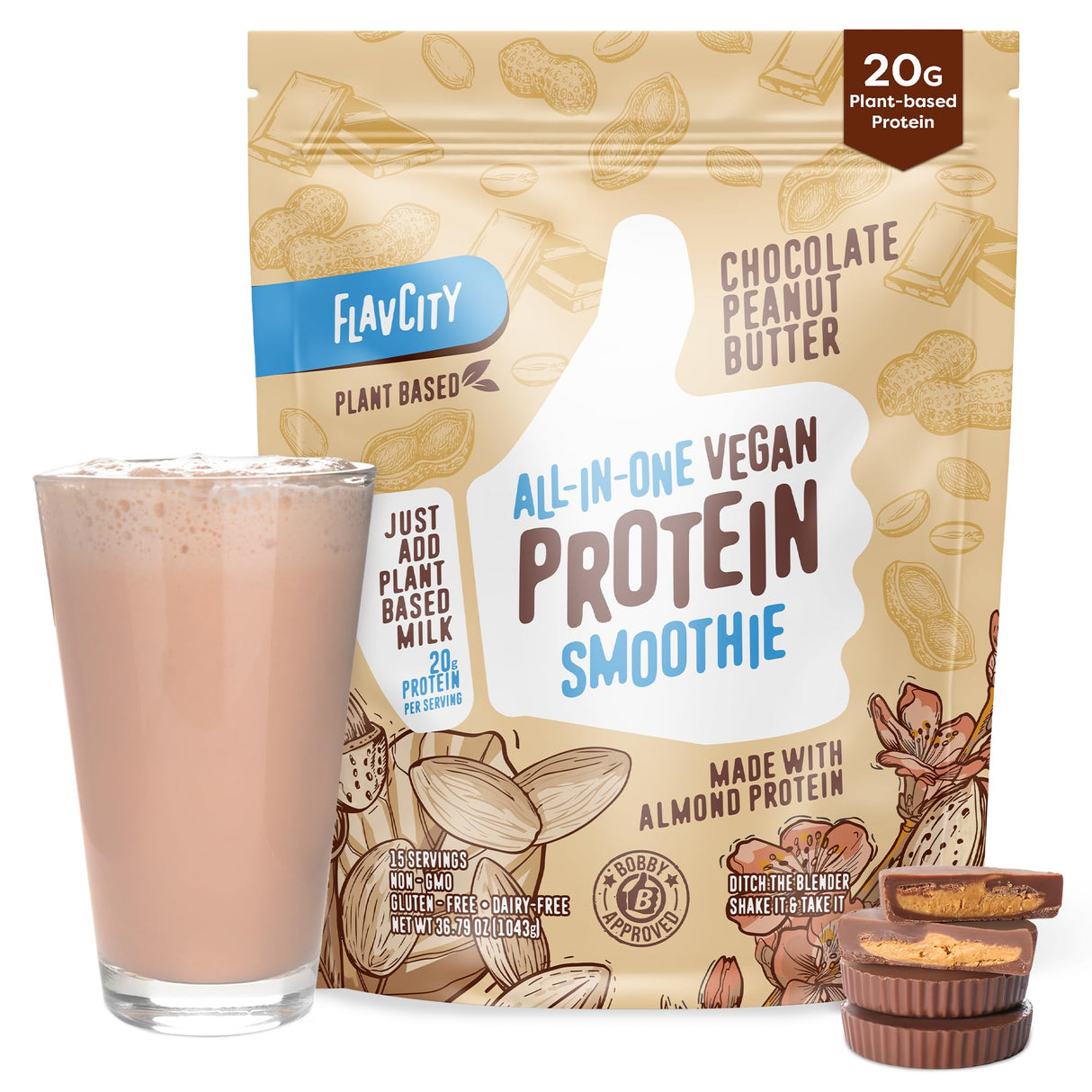 FlavCity Vegan Protein Powder - Chocolate Peanut Butter - 20g Almond, Plant Based Protein Powder - Dairy-Free Shake - With Organic Fruit, Reishi & Cordecyps Mushrooms - No Blender Needed (15 Servings)