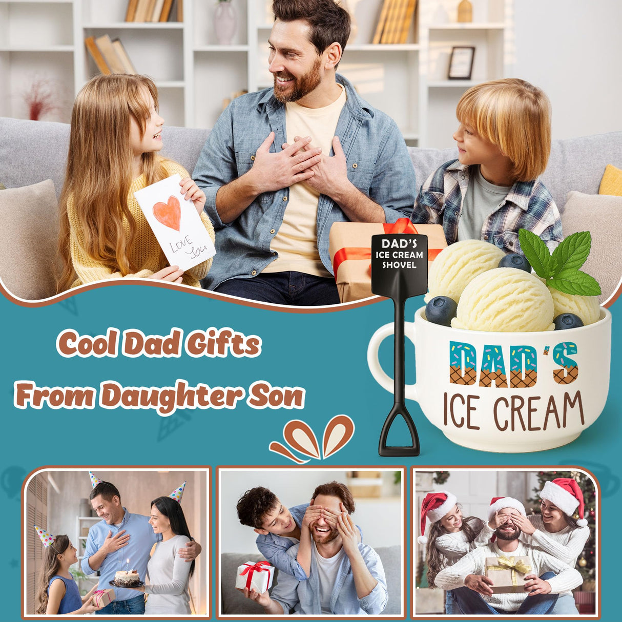 BackURyear Funny Dad Birthday Gifts from Daughter Son, Novelty Christmas Dads Gift for Daddy Dada Father StepDads, Unique New Dad gifts from Wife, Dad's Ice Cream Bowl Presents Set
