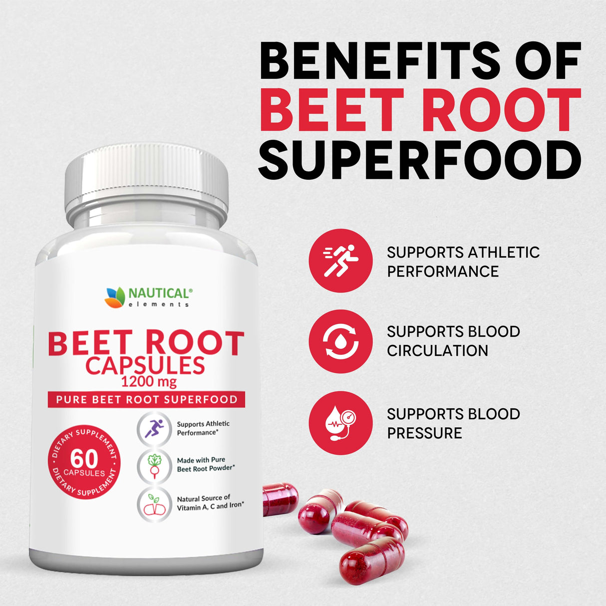 Beet Root Capsules - 1200mg Per Serving - 60 Beet Root Powder Capsules - Beetroot Powder Supports Blood Pressure, Athletic Performance, Digestive, Immune System (Pure, Non-GMO & Gluten Free