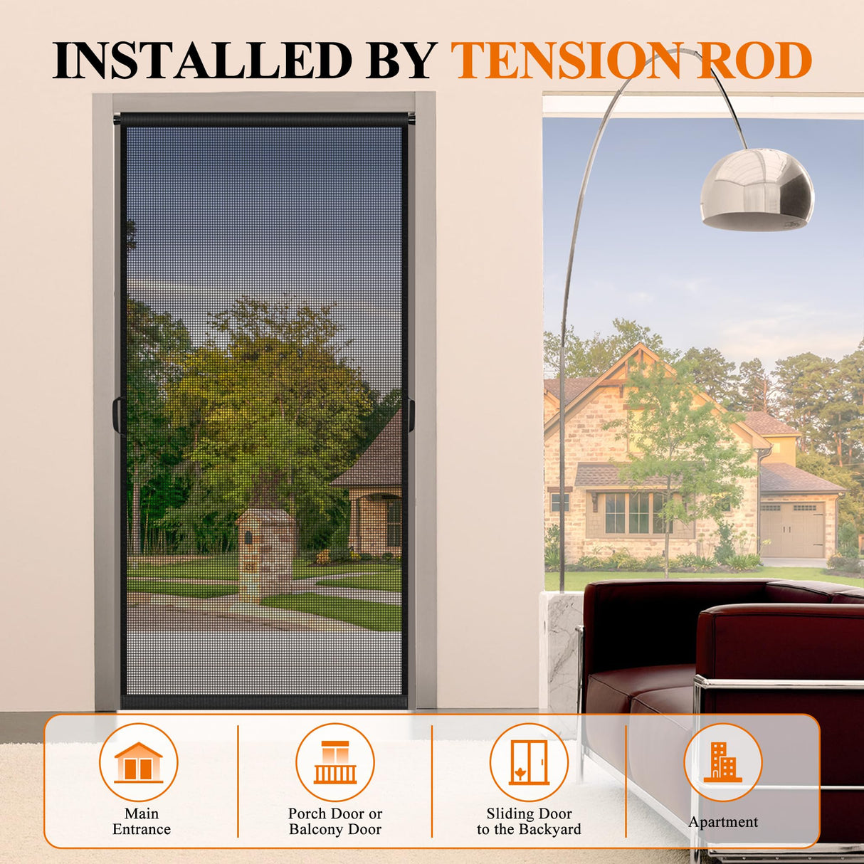 MAGZO Hanging Screen Door Curtain, Fits Door Size 32" x 80" (Mesh Size 34'' x 81''), Durable Fiberglass with Tension Rod and Hook&Loop (One Piece Can be Installed in 2 Ways), Weighted Bottom, Grey